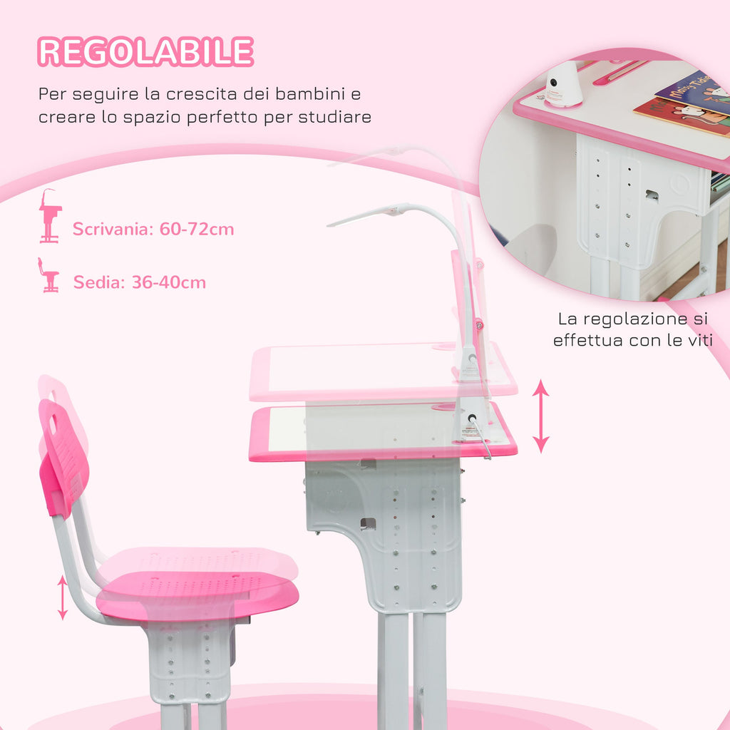 Easycomfort Banco Scuola with Sedia per Bambini 6-12 Anni Altezza Regolabile, Lampada LED, Leggio e Portapenne, Acciaio e MDF, Rosa