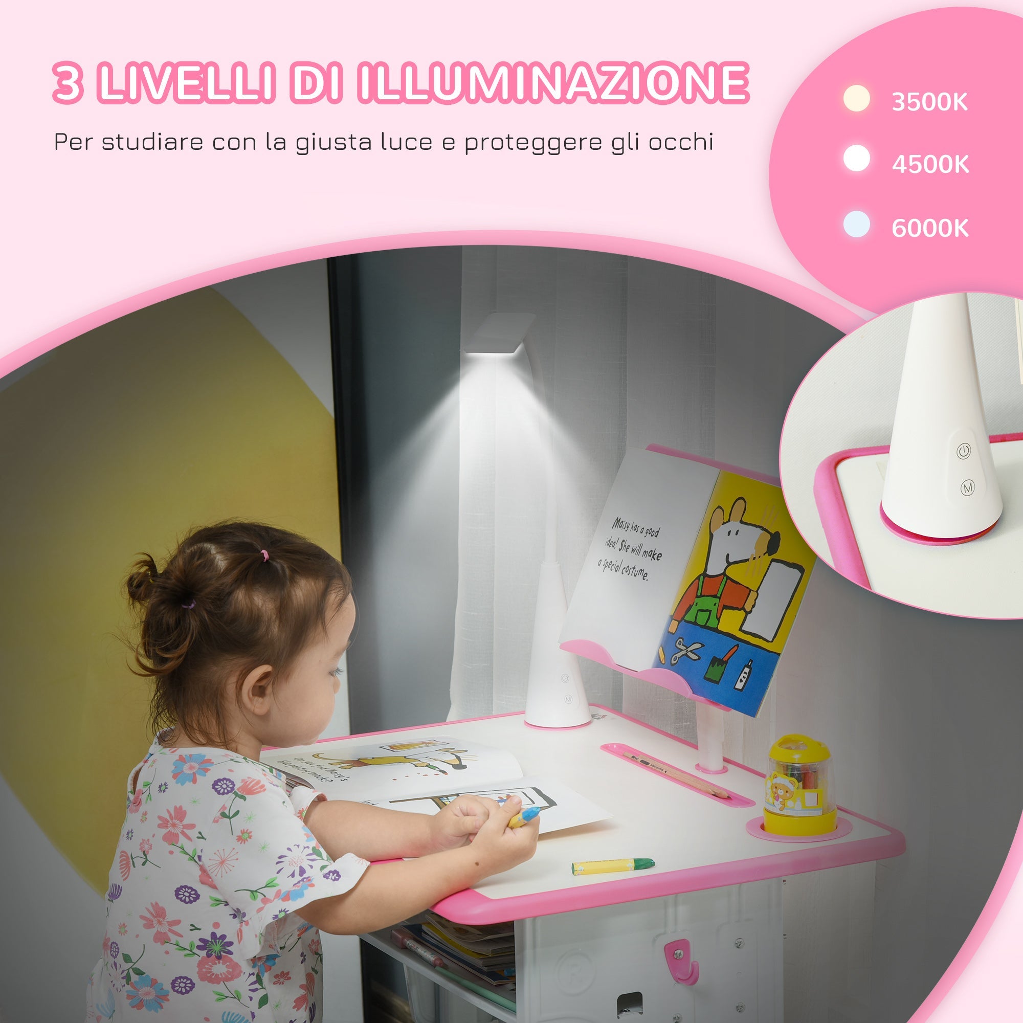 Easycomfort Banco Scuola with Sedia per Bambini 6-12 Anni Altezza Regolabile, Lampada LED, Leggio e Portapenne, Acciaio e MDF, Rosa