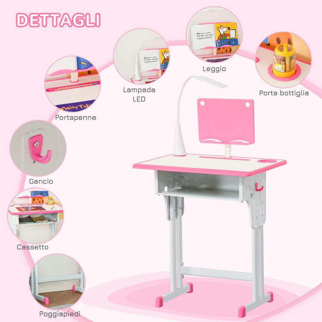 Easycomfort Banco Scuola with Sedia per Bambini 6-12 Anni Altezza Regolabile, Lampada LED, Leggio e Portapenne, Acciaio e MDF, Rosa