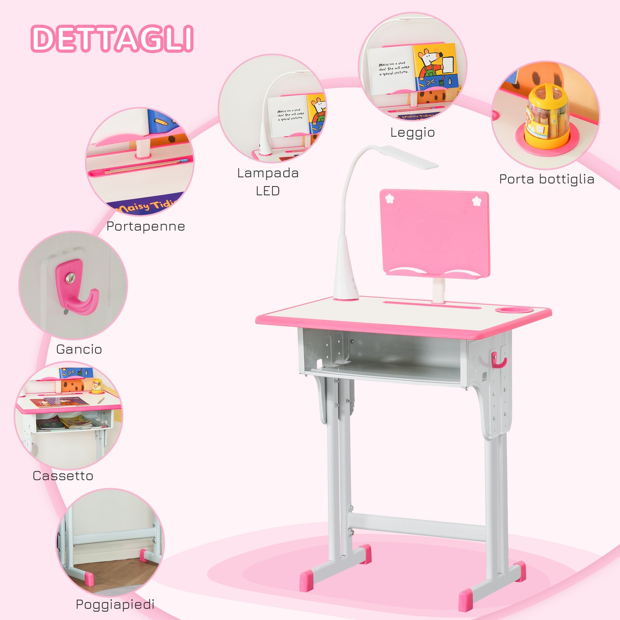 Easycomfort Banco Scuola with Sedia per Bambini 6-12 Anni Altezza Regolabile, Lampada LED, Leggio e Portapenne, Acciaio e MDF, Rosa