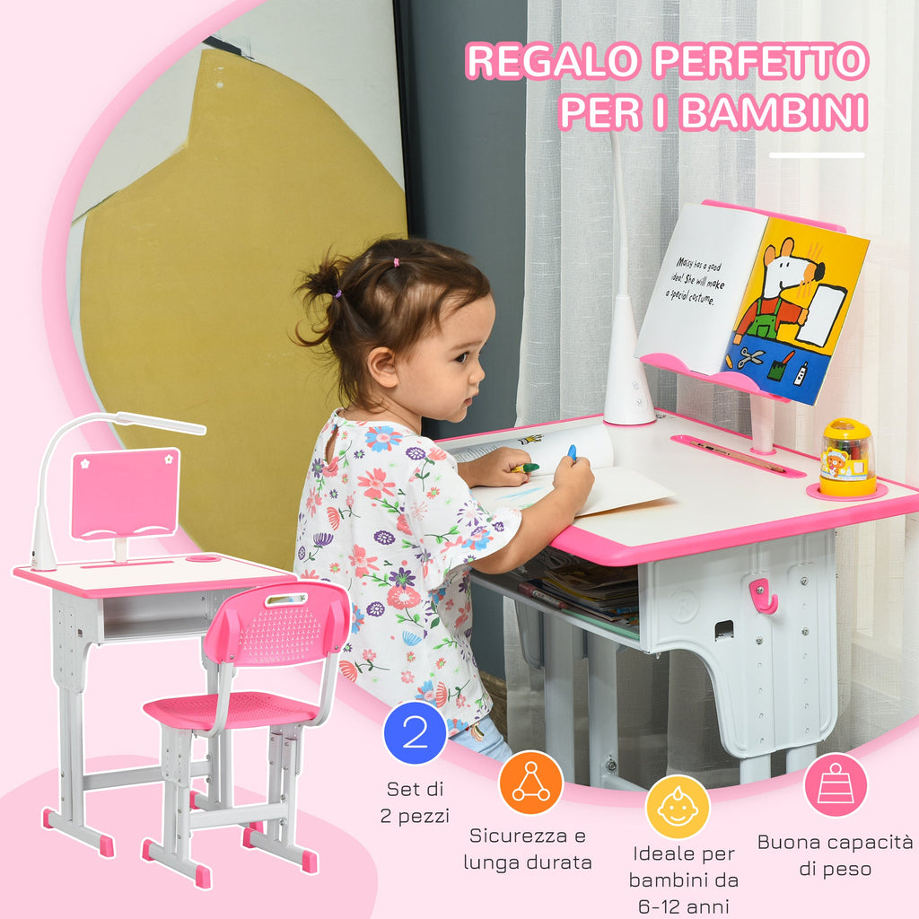 Easycomfort Banco Scuola with Sedia per Bambini 6-12 Anni Altezza Regolabile, Lampada LED, Leggio e Portapenne, Acciaio e MDF, Rosa