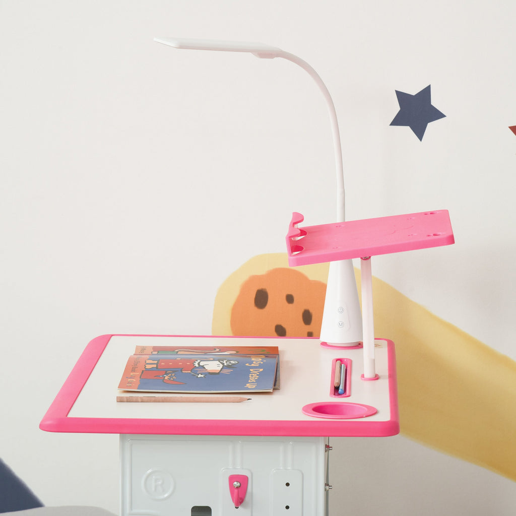 Easycomfort Banco Scuola with Sedia per Bambini 6-12 Anni Altezza Regolabile, Lampada LED, Leggio e Portapenne, Acciaio e MDF, Rosa