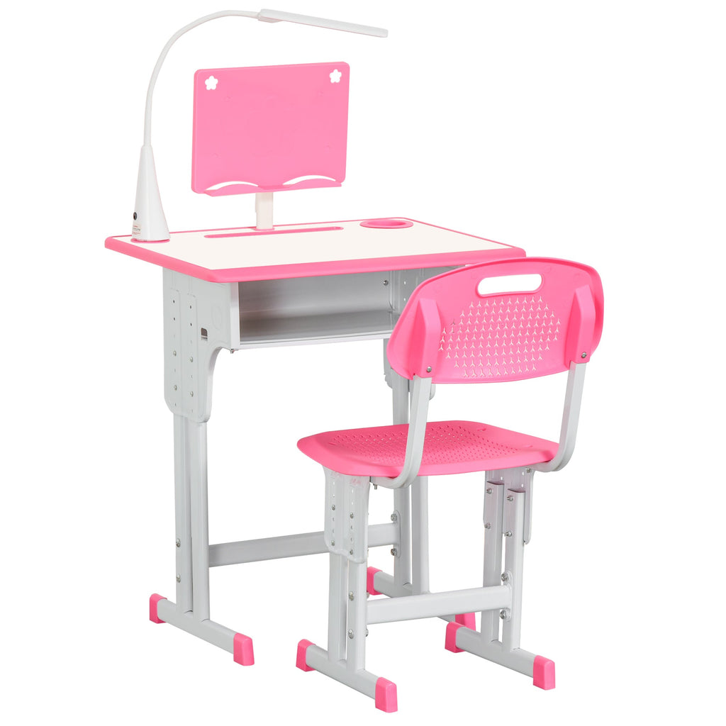 Easycomfort Banco Scuola with Sedia per Bambini 6-12 Anni Altezza Regolabile, Lampada LED, Leggio e Portapenne, Acciaio e MDF, Rosa