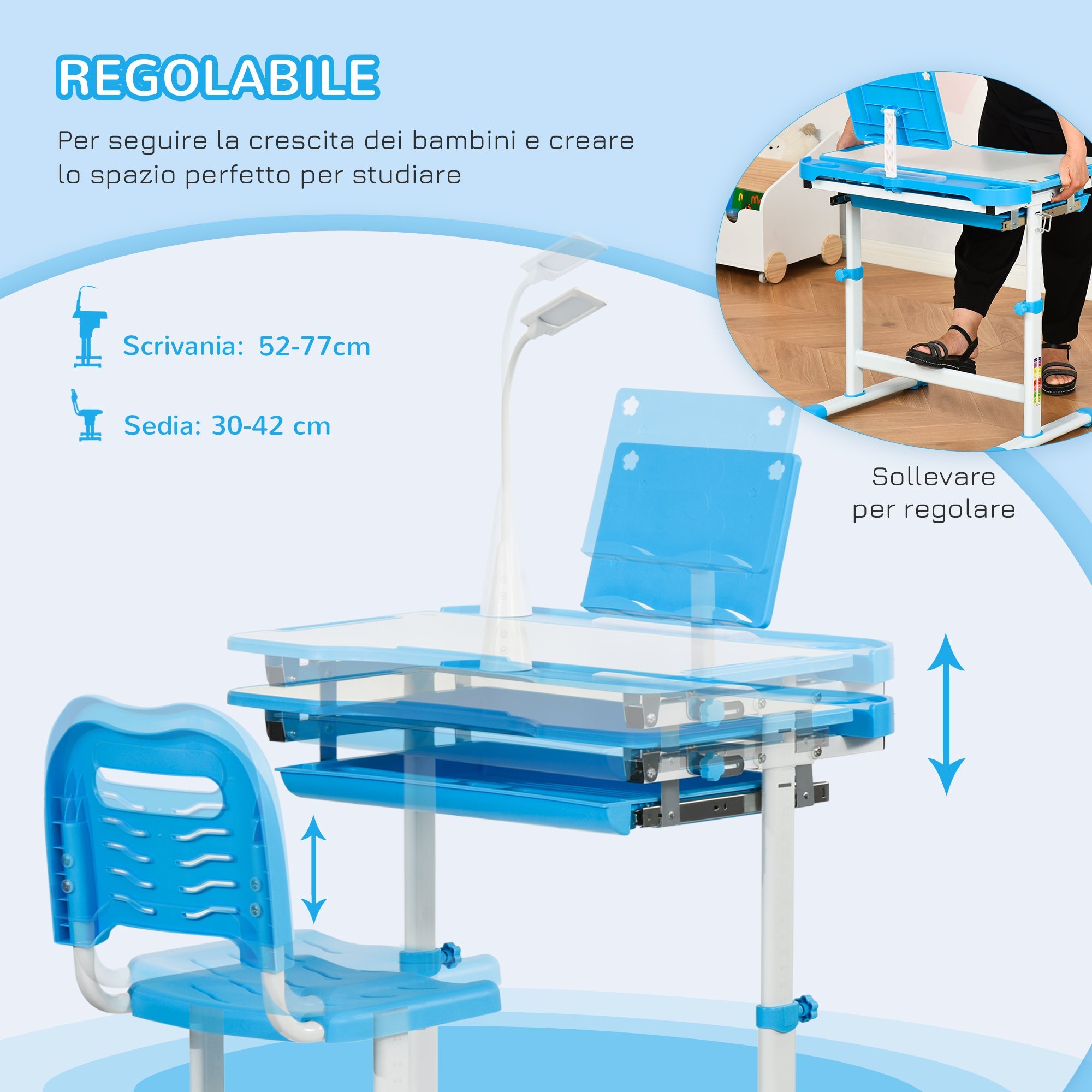 EasyComfort kinderbureau met stoel 6-12 jaar, in hoogte verstelbaar, blauw