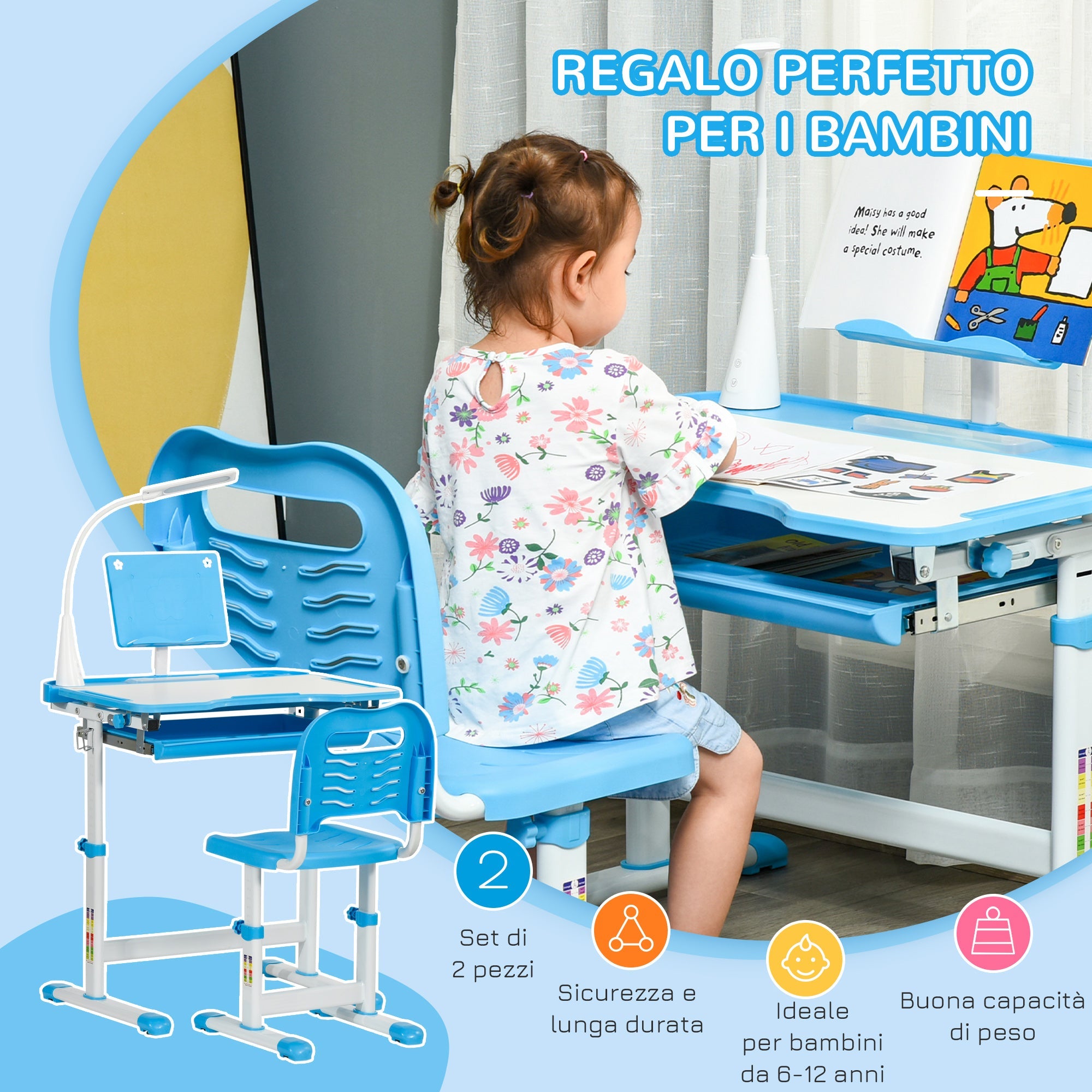 EasyComfort kinderbureau met stoel 6-12 jaar, in hoogte verstelbaar, blauw