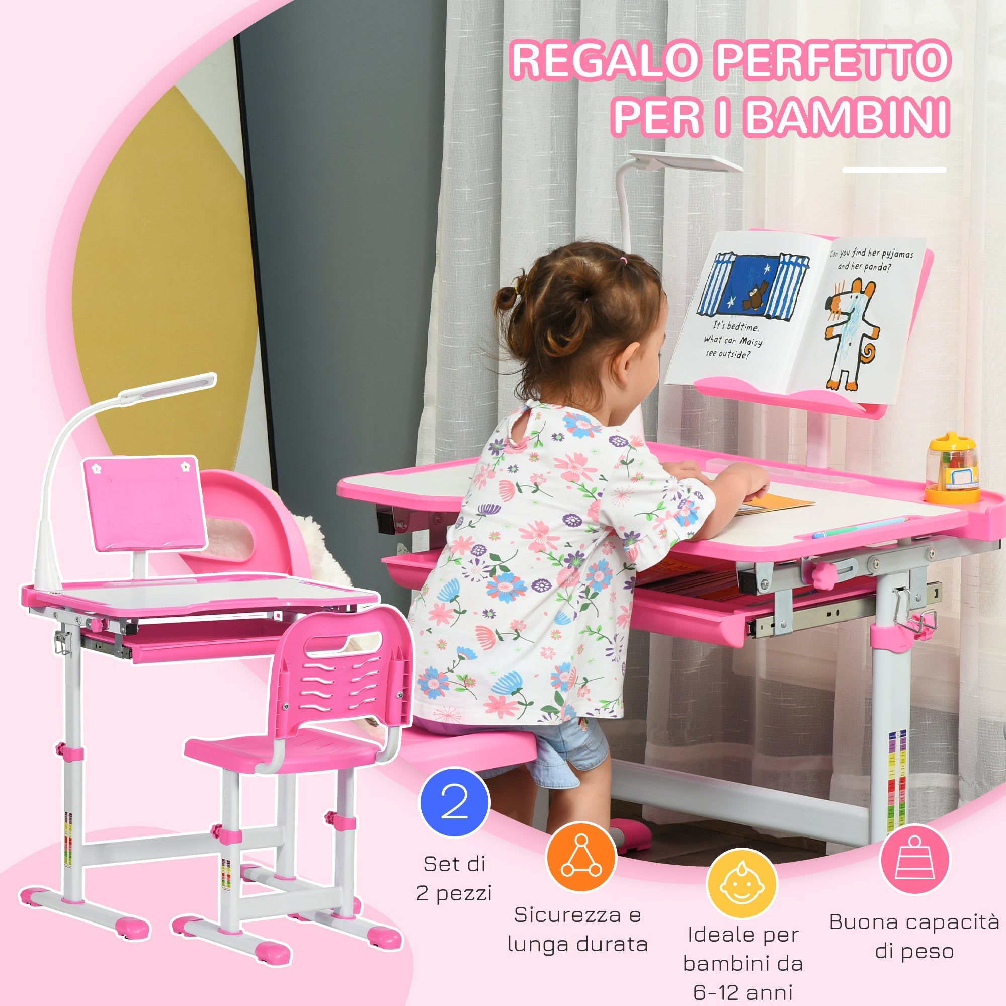 EasyComfort Banco Scuola Regolabile kinderbureau set met stoel 6-12 jaar, 70x49.5x80-105 cm