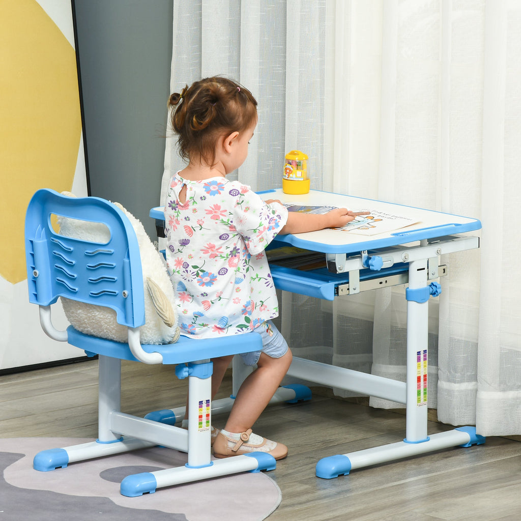 Easycomfort Banco Scuola per Bambini 6-12 Anni with Sedia Regolabile, Cassetto e Piano Inclinabile, 66x47x52-77 cm, Blu