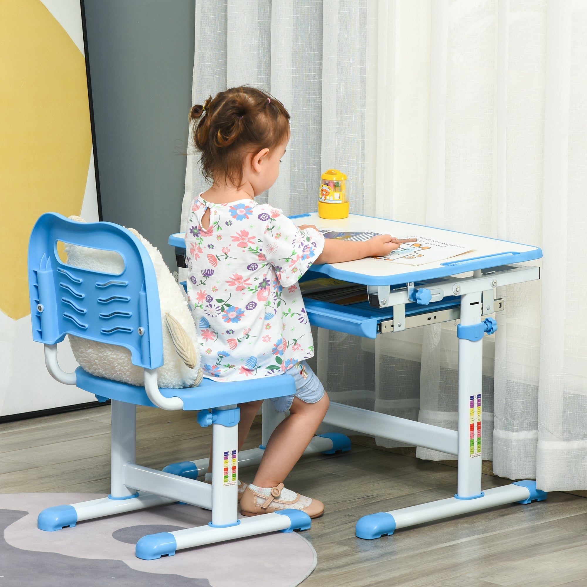 Easycomfort Banco Scuola per Bambini 6-12 Anni with Sedia Regolabile, Cassetto e Piano Inclinabile, 66x47x52-77 cm, Blu