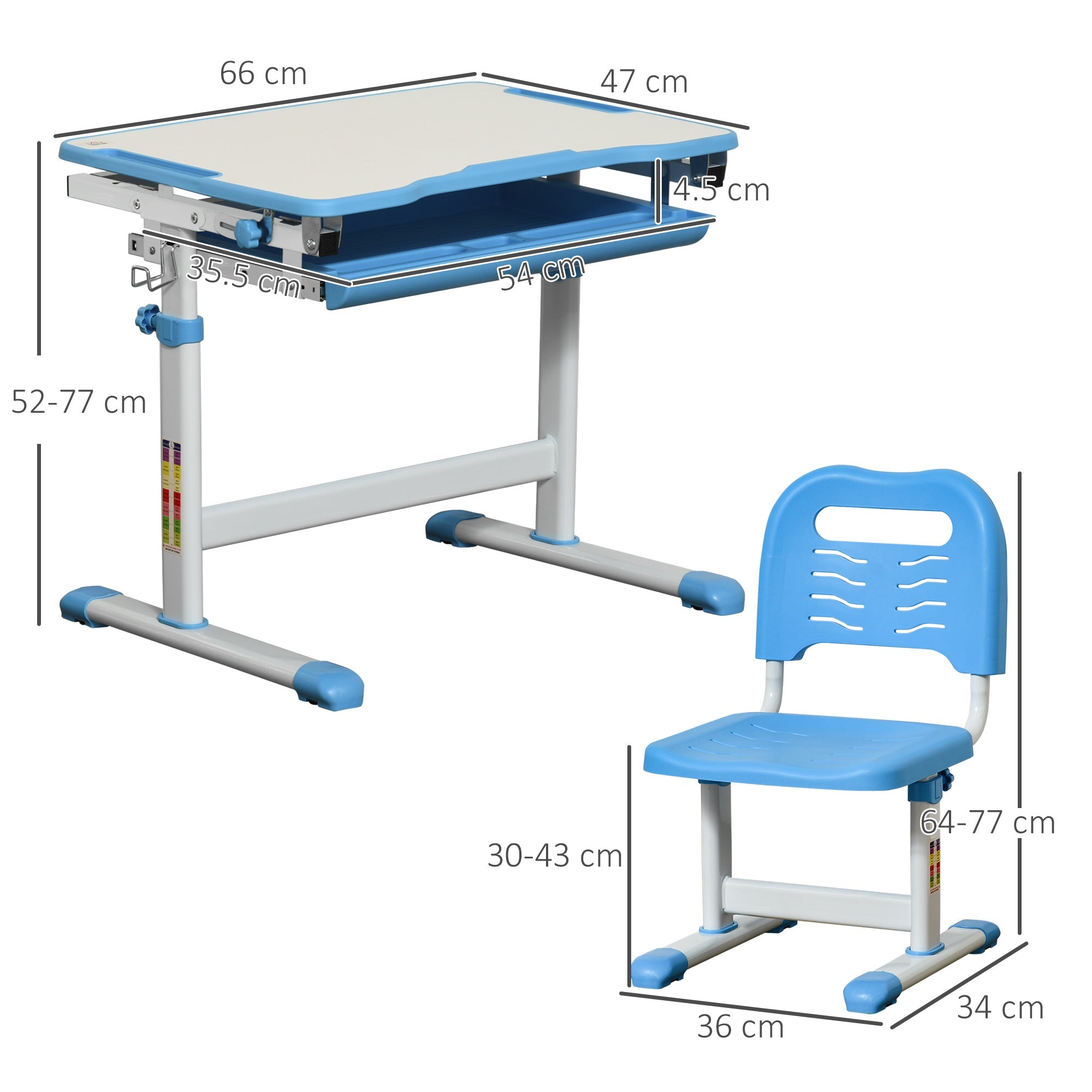 Easycomfort Banco Scuola per Bambini 6-12 Anni with Sedia Regolabile, Cassetto e Piano Inclinabile, 66x47x52-77 cm, Blu