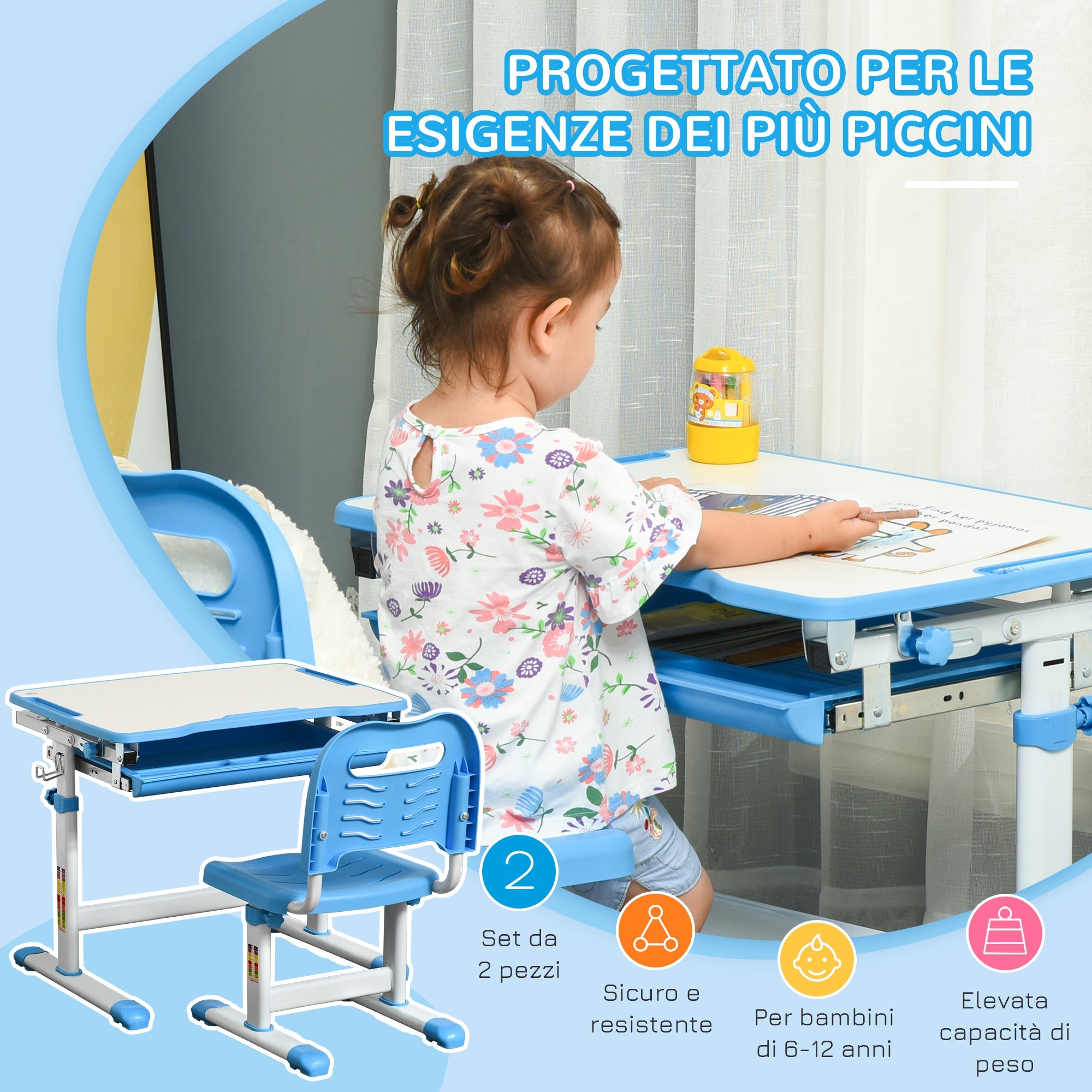 Easycomfort Banco Scuola per Bambini 6-12 Anni with Sedia Regolabile, Cassetto e Piano Inclinabile, 66x47x52-77 cm, Blu