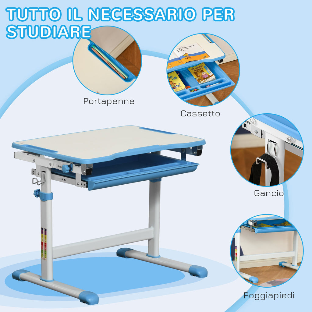 Easycomfort Banco Scuola per Bambini 6-12 Anni with Sedia Regolabile, Cassetto e Piano Inclinabile, 66x47x52-77 cm, Blu