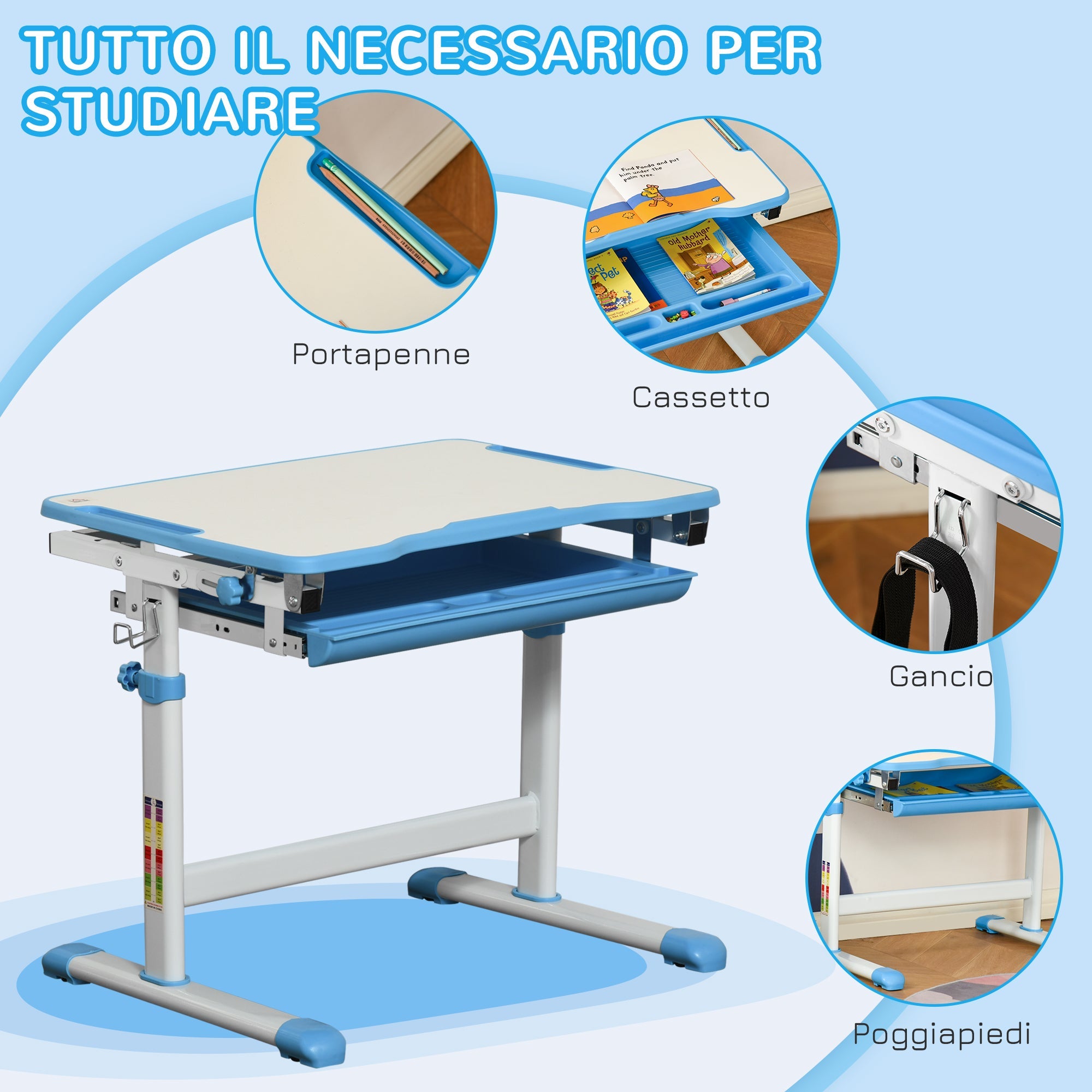 Easycomfort Banco Scuola per Bambini 6-12 Anni with Sedia Regolabile, Cassetto e Piano Inclinabile, 66x47x52-77 cm, Blu