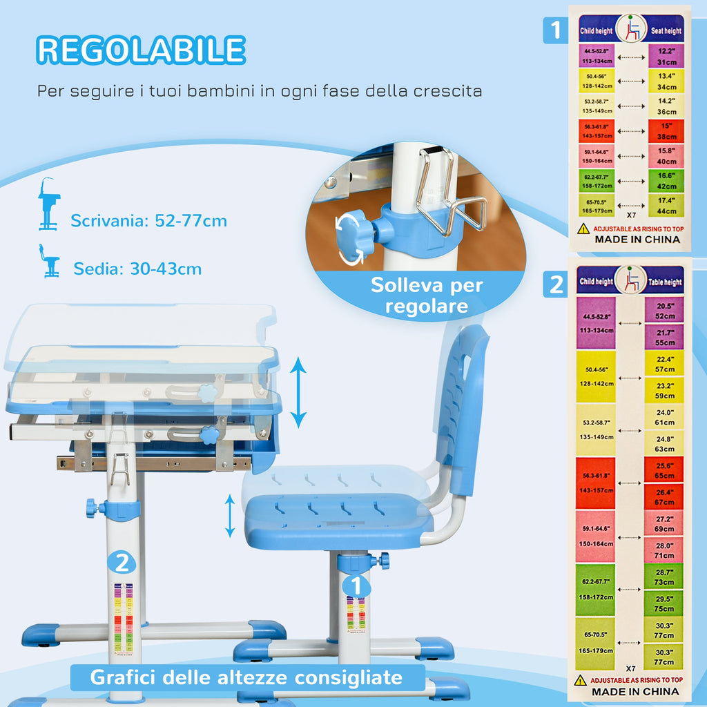 Easycomfort Banco Scuola per Bambini 6-12 Anni with Sedia Regolabile, Cassetto e Piano Inclinabile, 66x47x52-77 cm, Blu