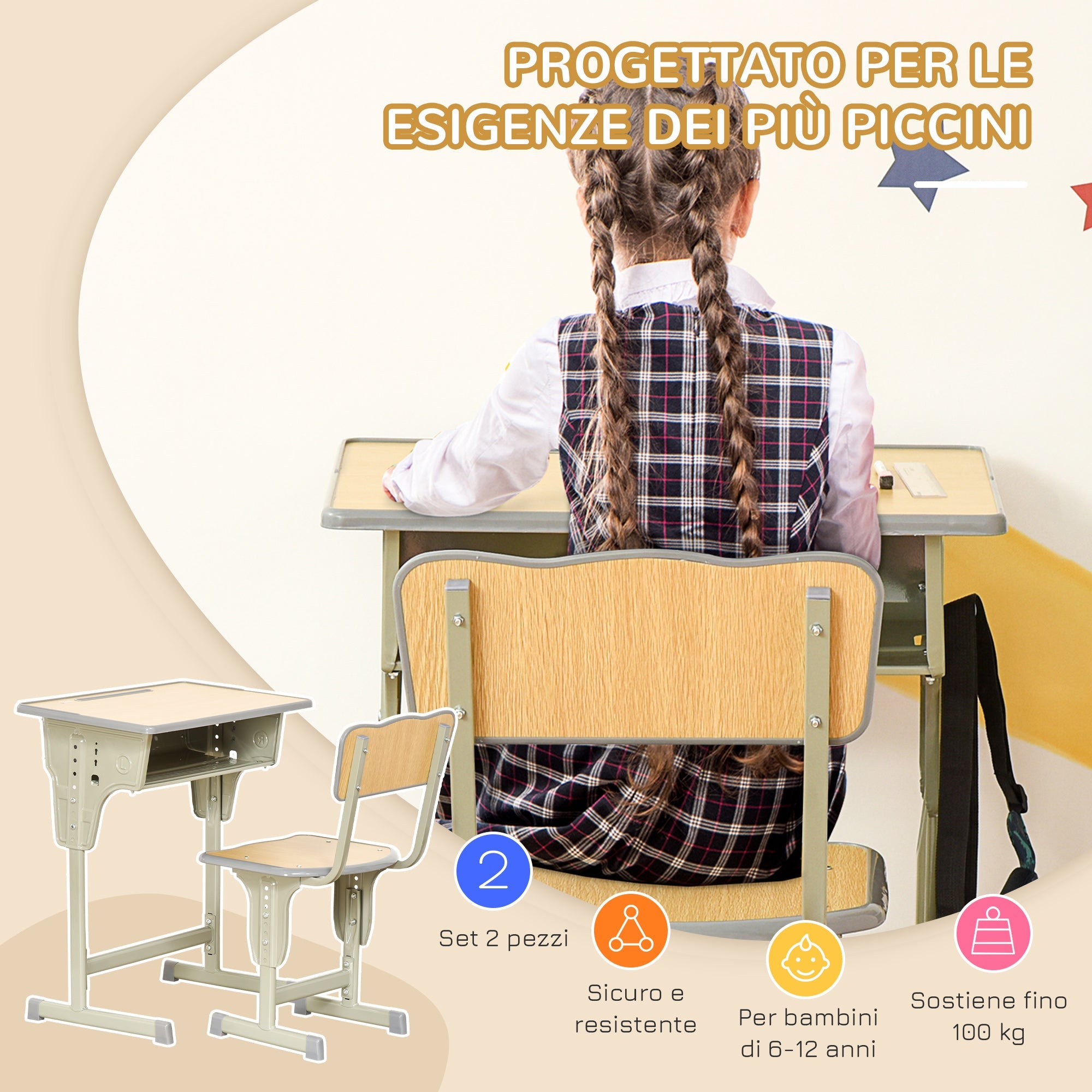 EasyComfort kinderbureau met stoel in hoogte verstelbaar (6–12 jaar)