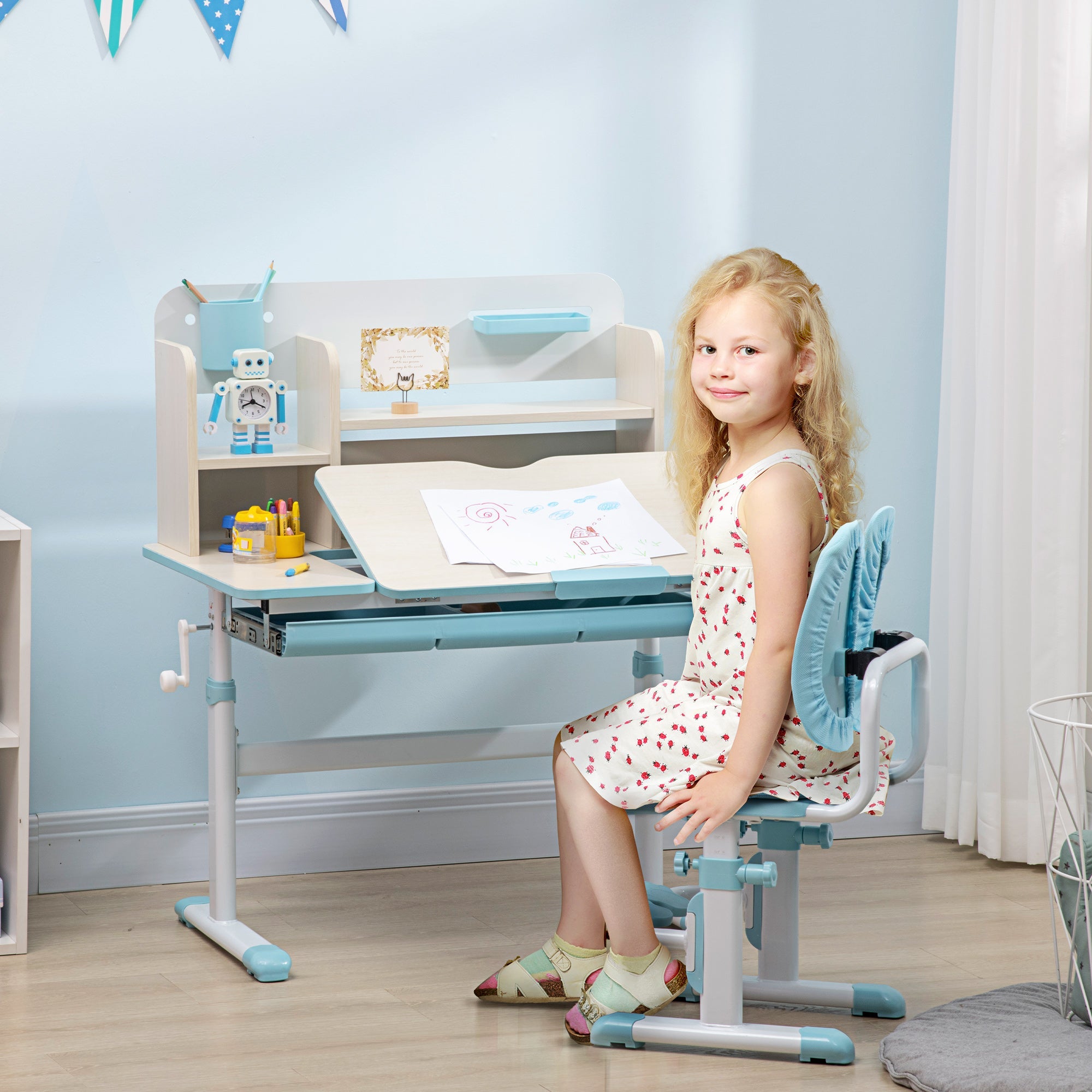 EasyComfort Banco Scuola kinderbureau met stoel, verstelbaar 3–12 jaar, blauw