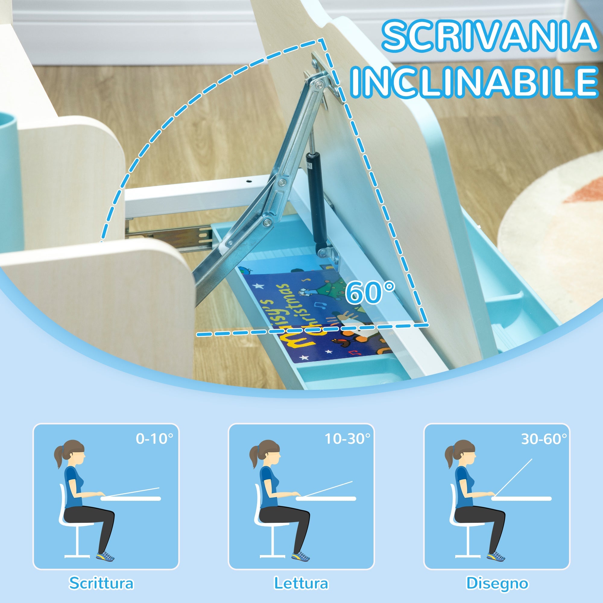 EasyComfort Banco Scuola kinderbureau met stoel, verstelbaar 3–12 jaar, blauw