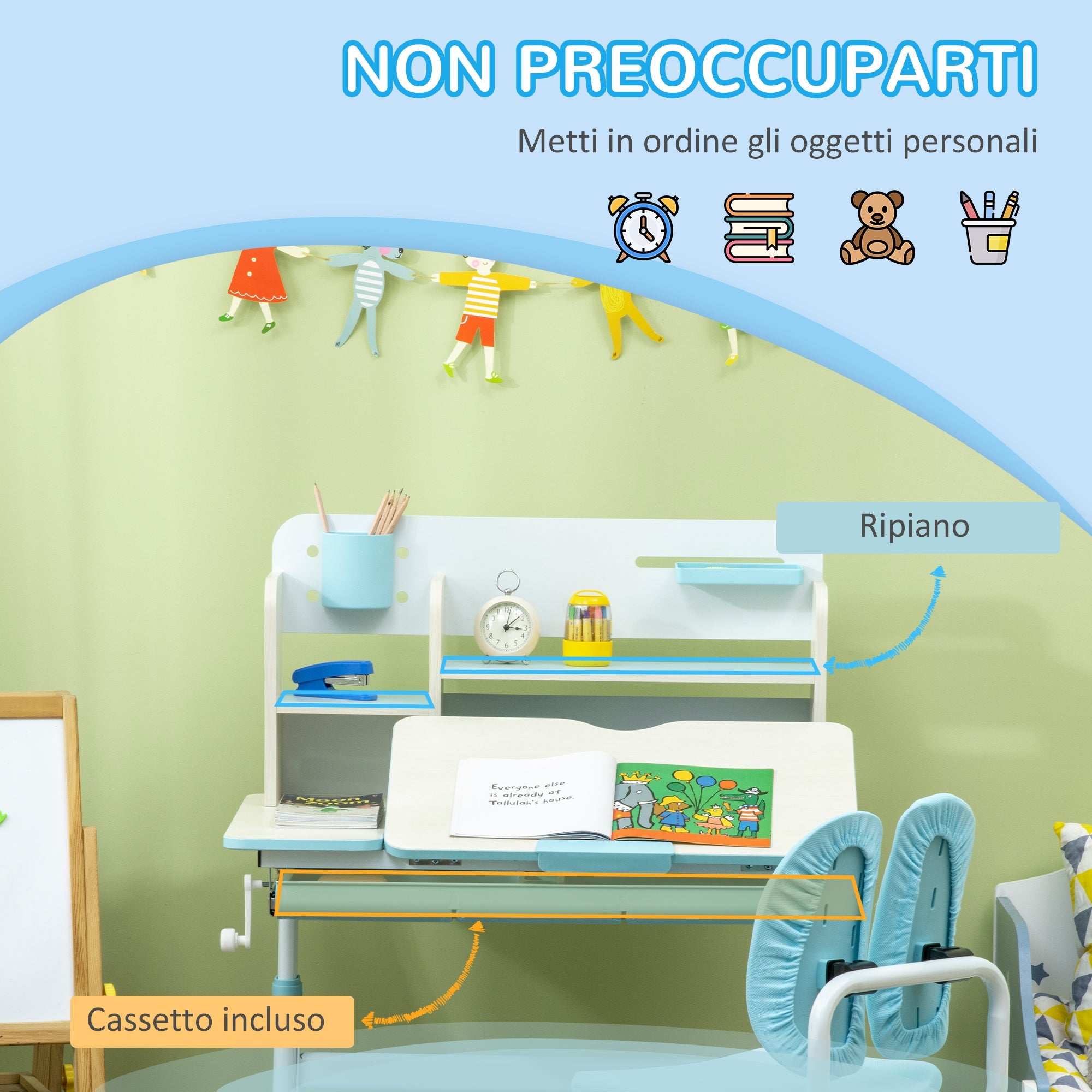 EasyComfort Banco Scuola kinderbureau met stoel, verstelbaar 3–12 jaar, blauw