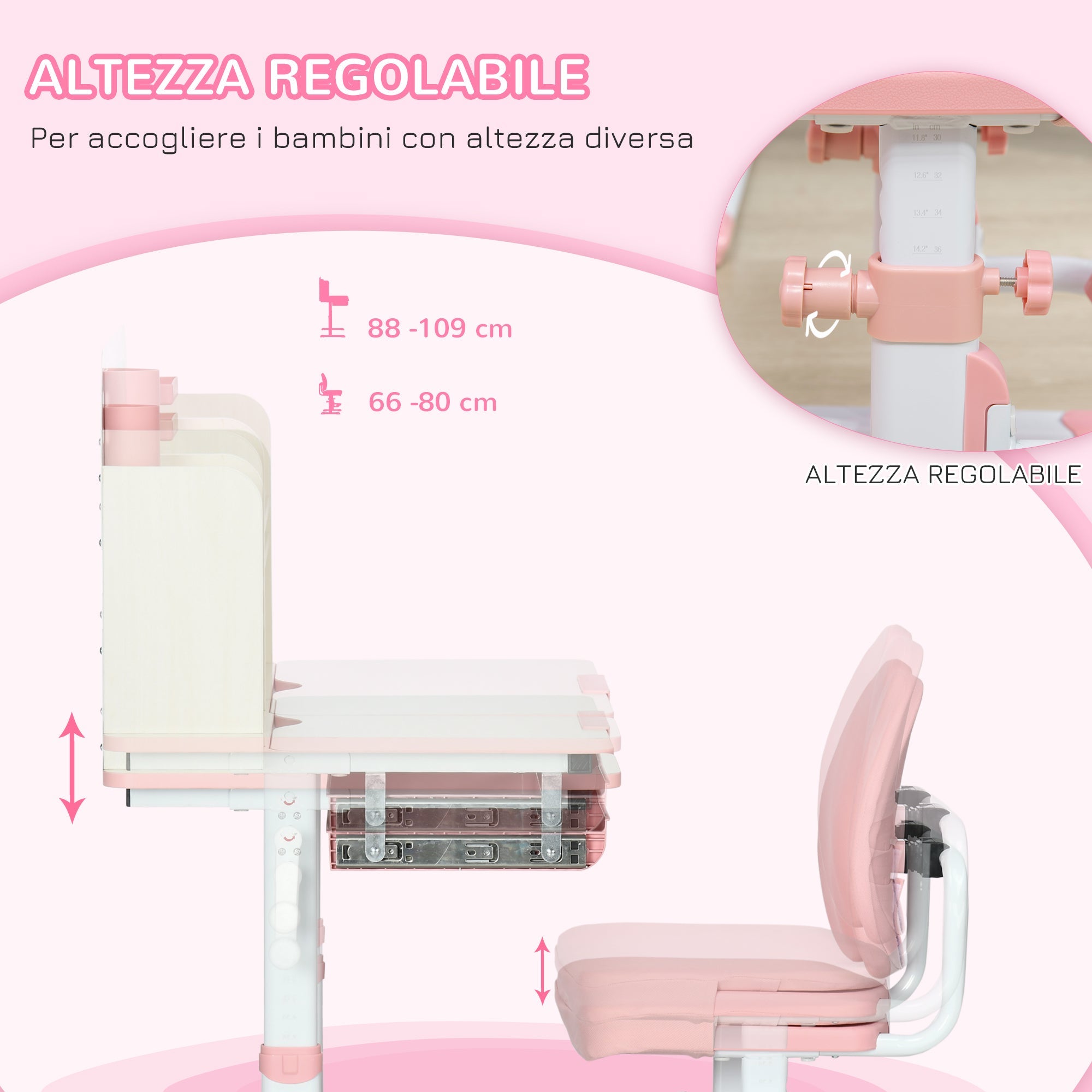 Easycomfort Banco Scuola with Sedia per Bambini 3-12 Anni, Altezza Regolabile e Piano Inclinabile, Rosa