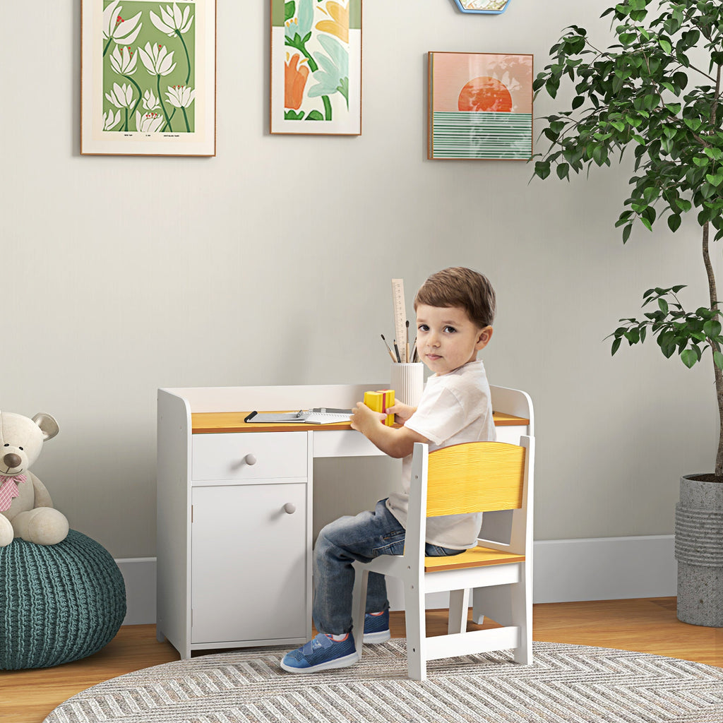Easycomfort Banco Scuola e Sedia per Bambini da 3-6 Anni with Cassetto e Armadietto in Legno white