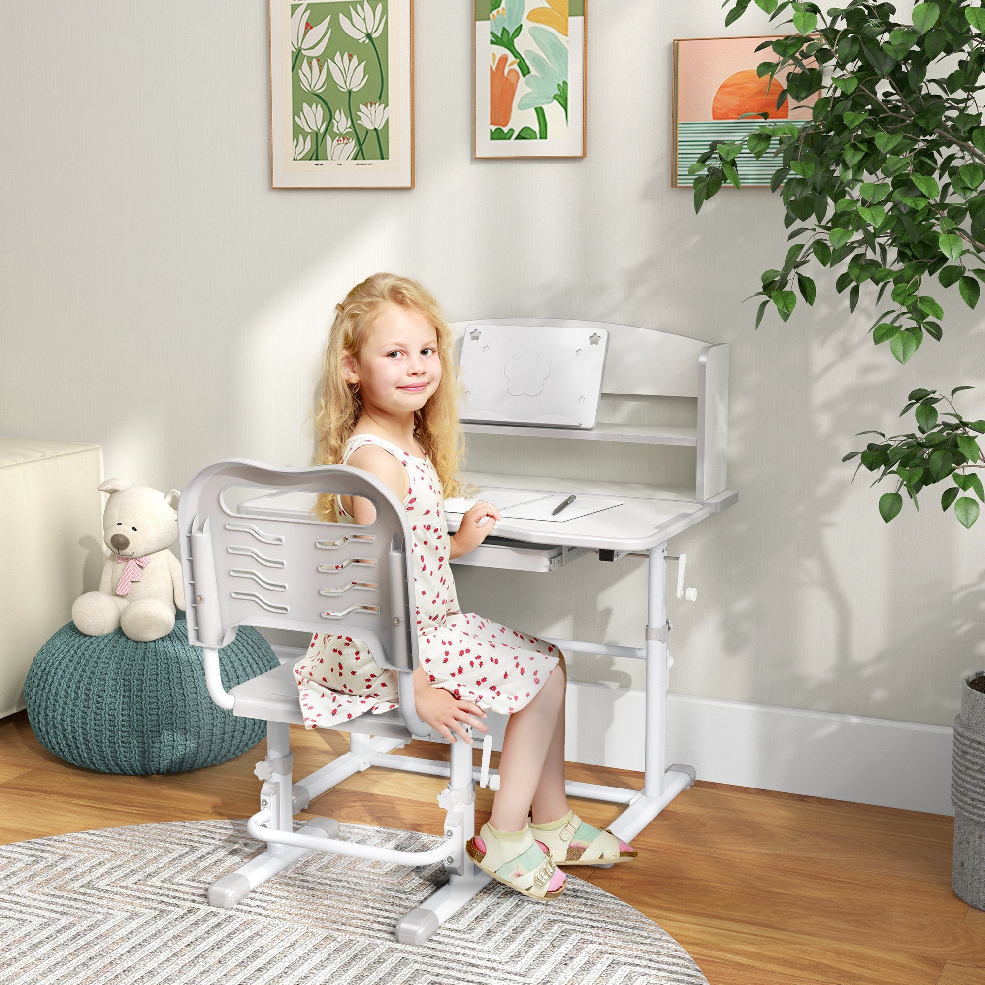 Easycomfort Set Scrivania per Bambini with Sedia Regolabile in Altezza e Piano Inclinabile, Età 6-12 Anni, Grigio