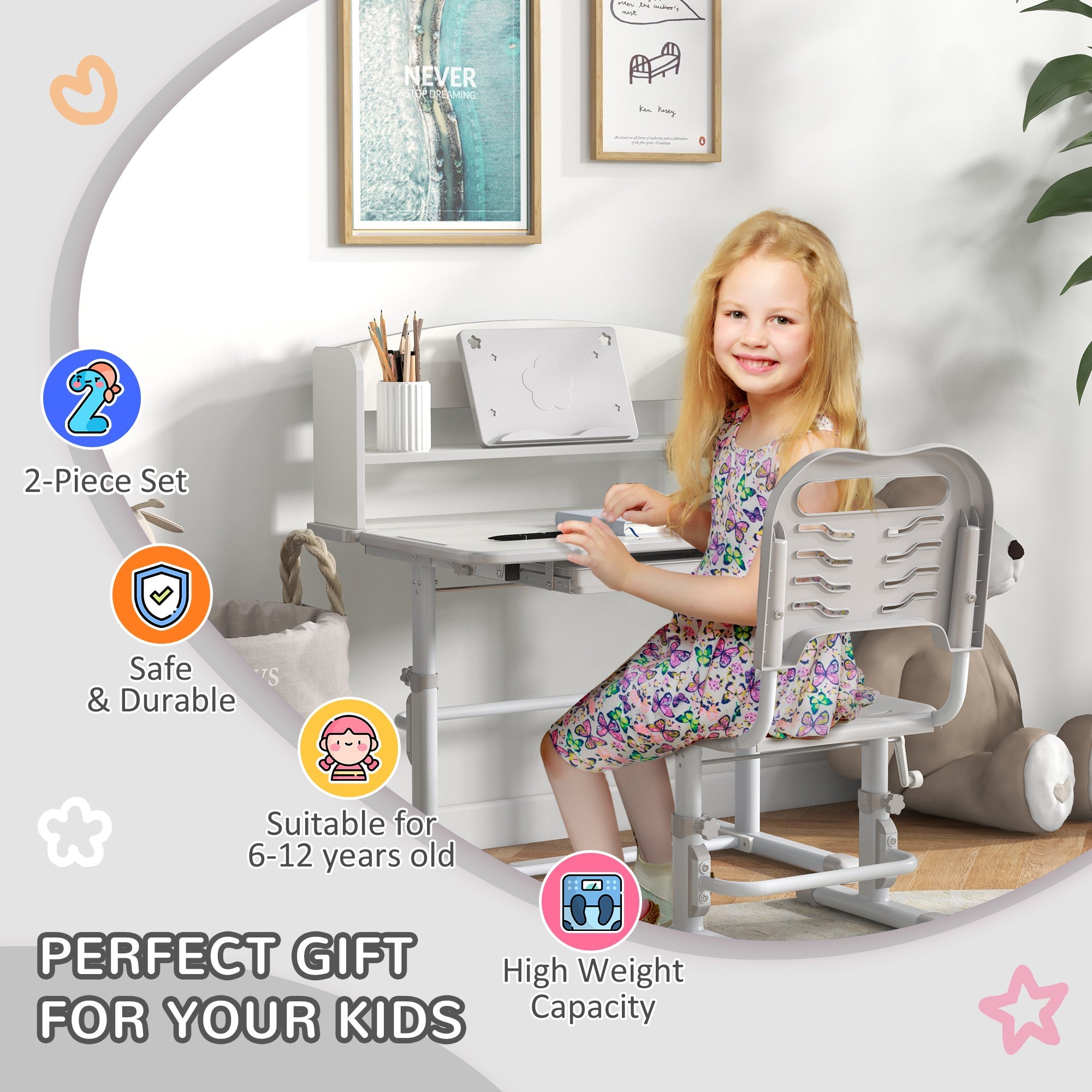 Easycomfort Set Scrivania per Bambini with Sedia Regolabile in Altezza e Piano Inclinabile, Età 6-12 Anni, Grigio