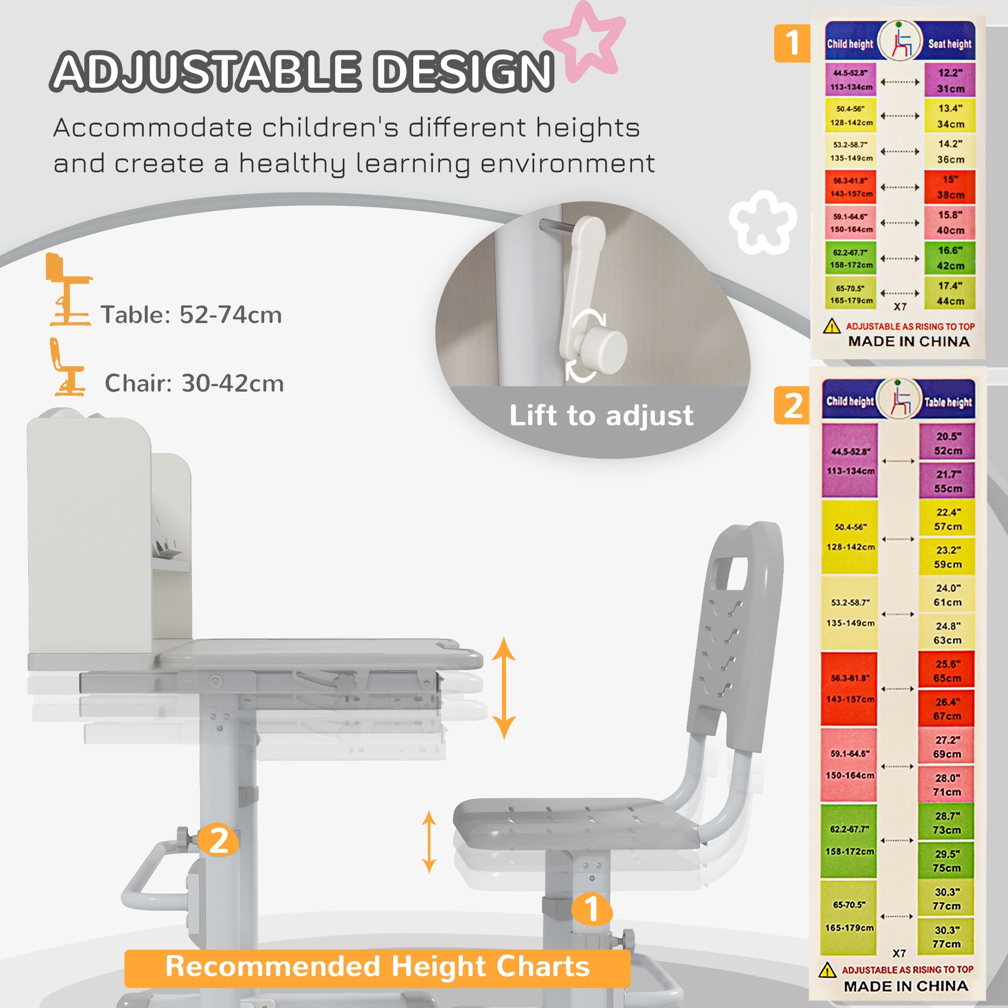 Easycomfort Set Scrivania per Bambini with Sedia Regolabile in Altezza e Piano Inclinabile, Età 6-12 Anni, Grigio