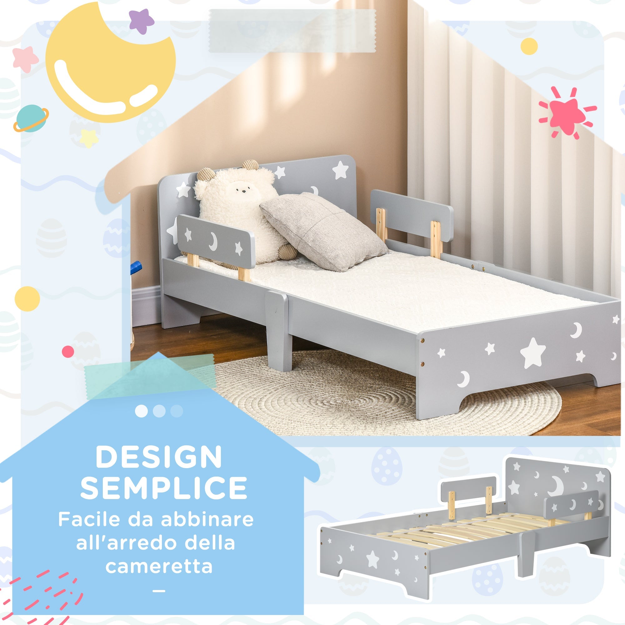 Easycomfort Letto per Bambini 3-6 Anni with Motivi a Stelle e Luna in Pannelli di MDF e Truciolato, 143x76x49 cm
