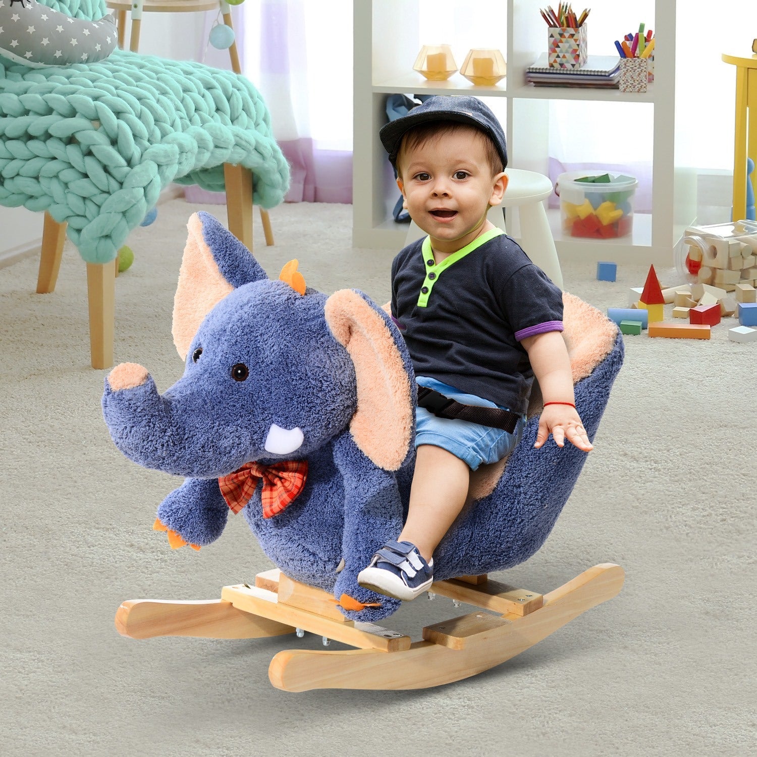 Easycomfort Elefante a Dondolo per Bambini, Blu, 60x33x45cm