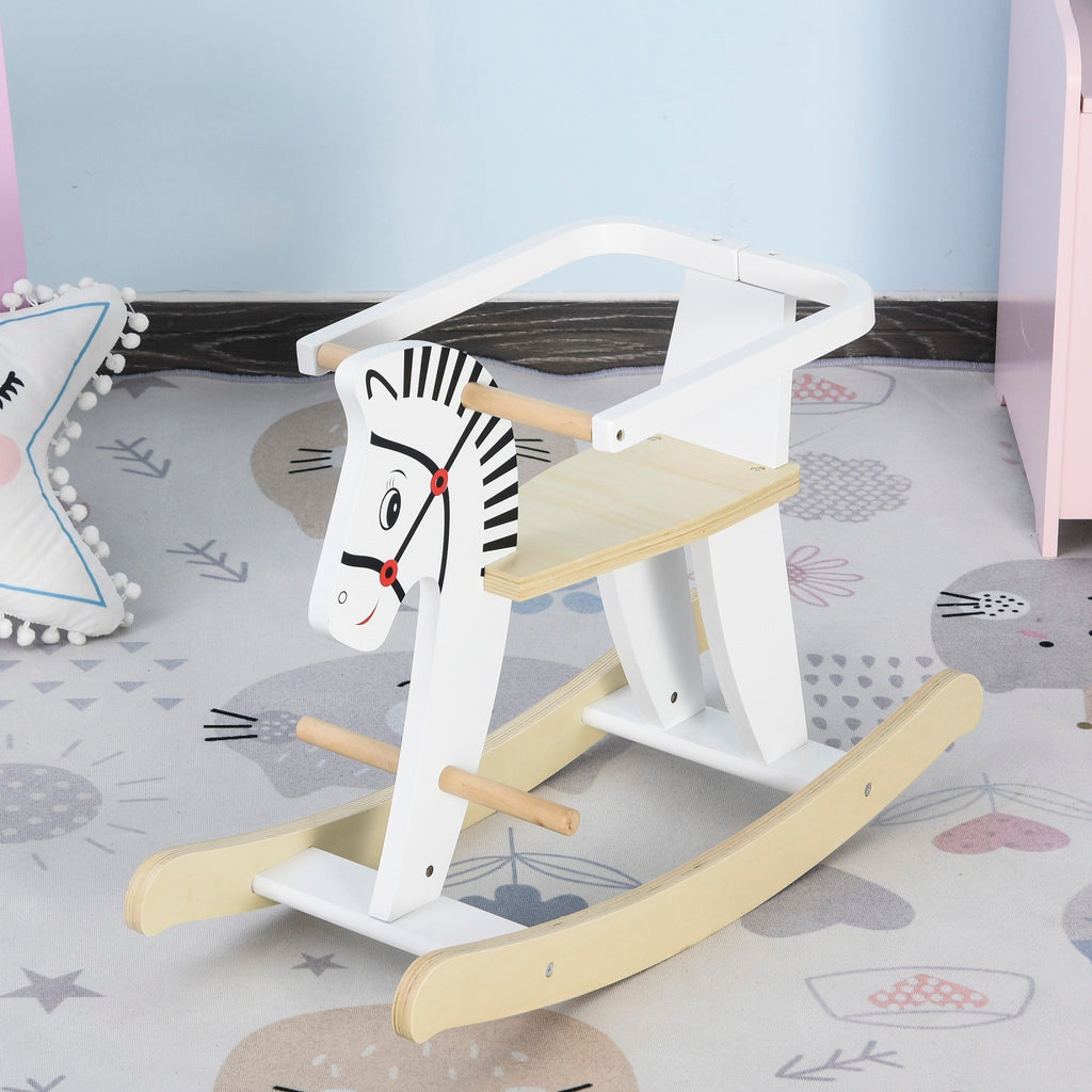 Easycomfort Cavallo a Dondolo Classico in Legno per Bambini 1-3 Anni with Bordo, Maniglie e Poggiapiedi, 68x26.5x48cm, white