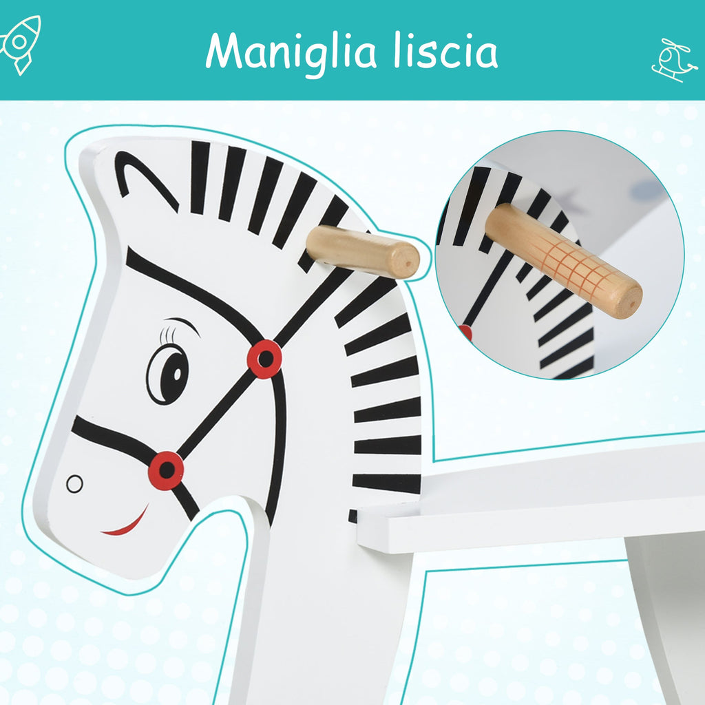 Easycomfort Cavallo a Dondolo Classico in Legno per Bambini 1-3 Anni with Bordo, Maniglie e Poggiapiedi, 68x26.5x48cm, white
