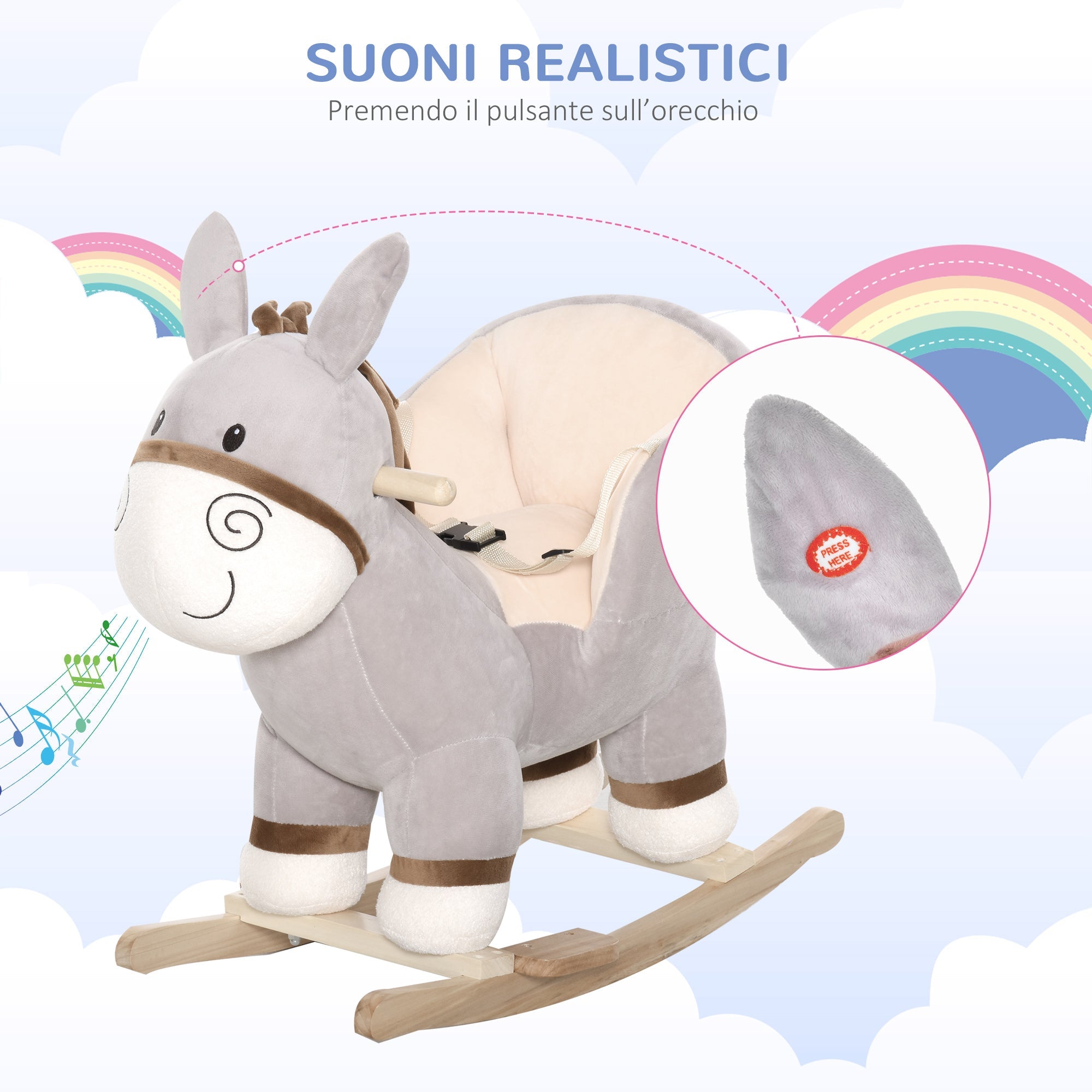 EasyComfort Dondolo Giocattolo a Forma di Asino per Bambini 18-36 in Legno di Pioppo e Peluche Grigio, Suoni Realistici