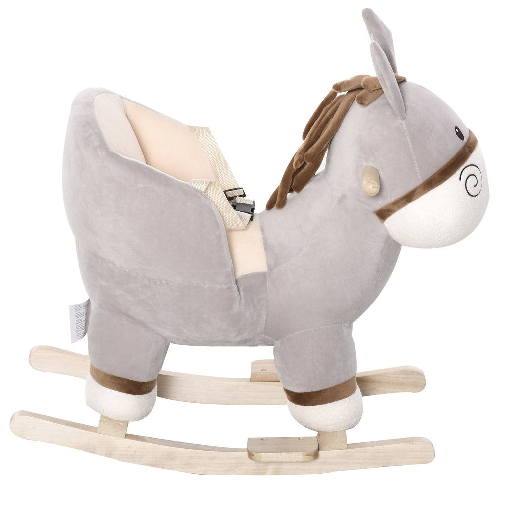 EasyComfort Dondolo Giocattolo a Forma di Asino per Bambini 18-36 in Legno di Pioppo e Peluche Grigio, Suoni Realistici