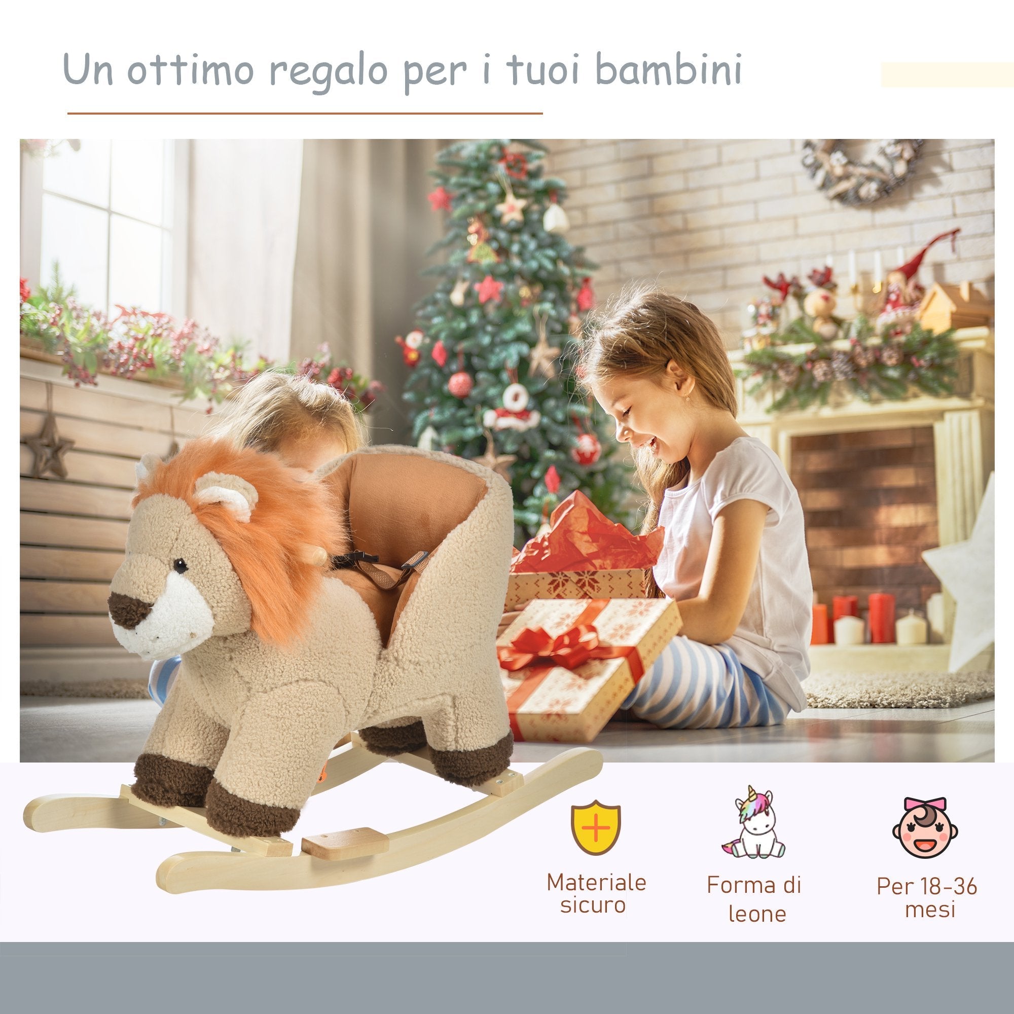 Easycomfort Dondolo Giocattolo a Forma di Leone per Bambini 18-36 Mesi, Ruggisce (3 Batterie Incluse), in Legno e Peluche