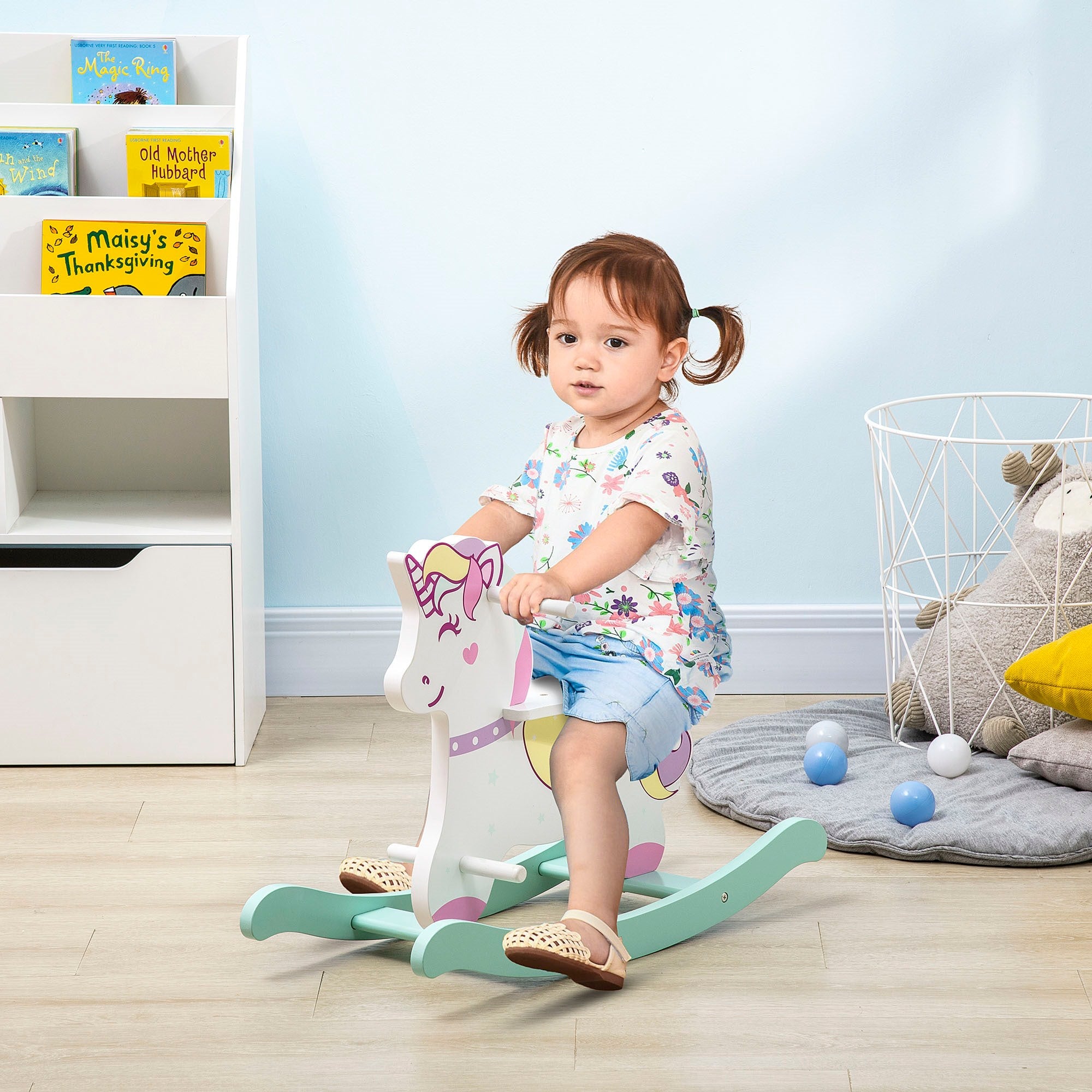 Easycomfort Cavallo a Dondolo per Bambini 1-3 Anni with Maniglie, Schienale e Pedali in MDF, 68L x 27P x 47.5A cm, Multicolore