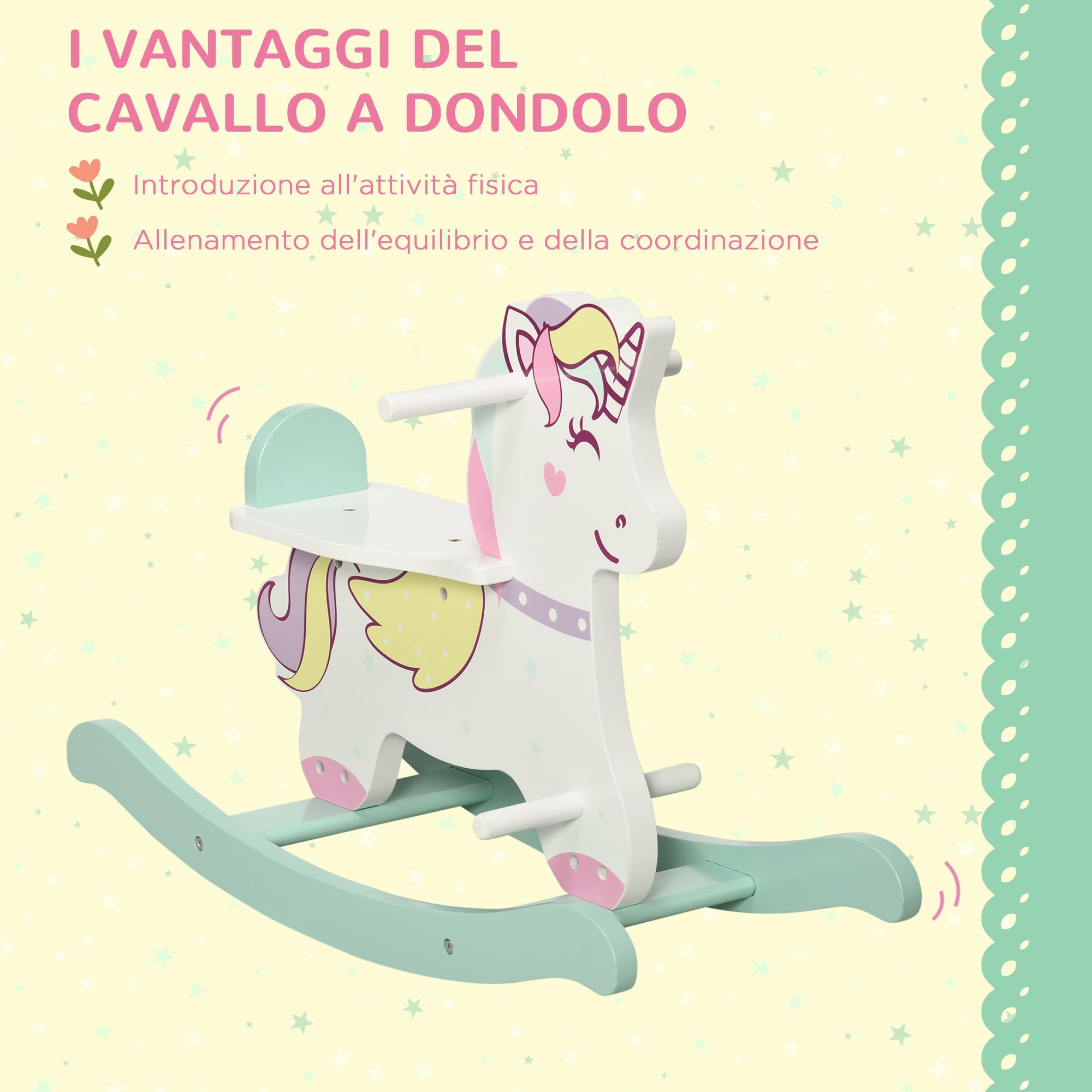 Easycomfort Cavallo a Dondolo per Bambini 1-3 Anni with Maniglie, Schienale e Pedali in MDF, 68L x 27P x 47.5A cm, Multicolore
