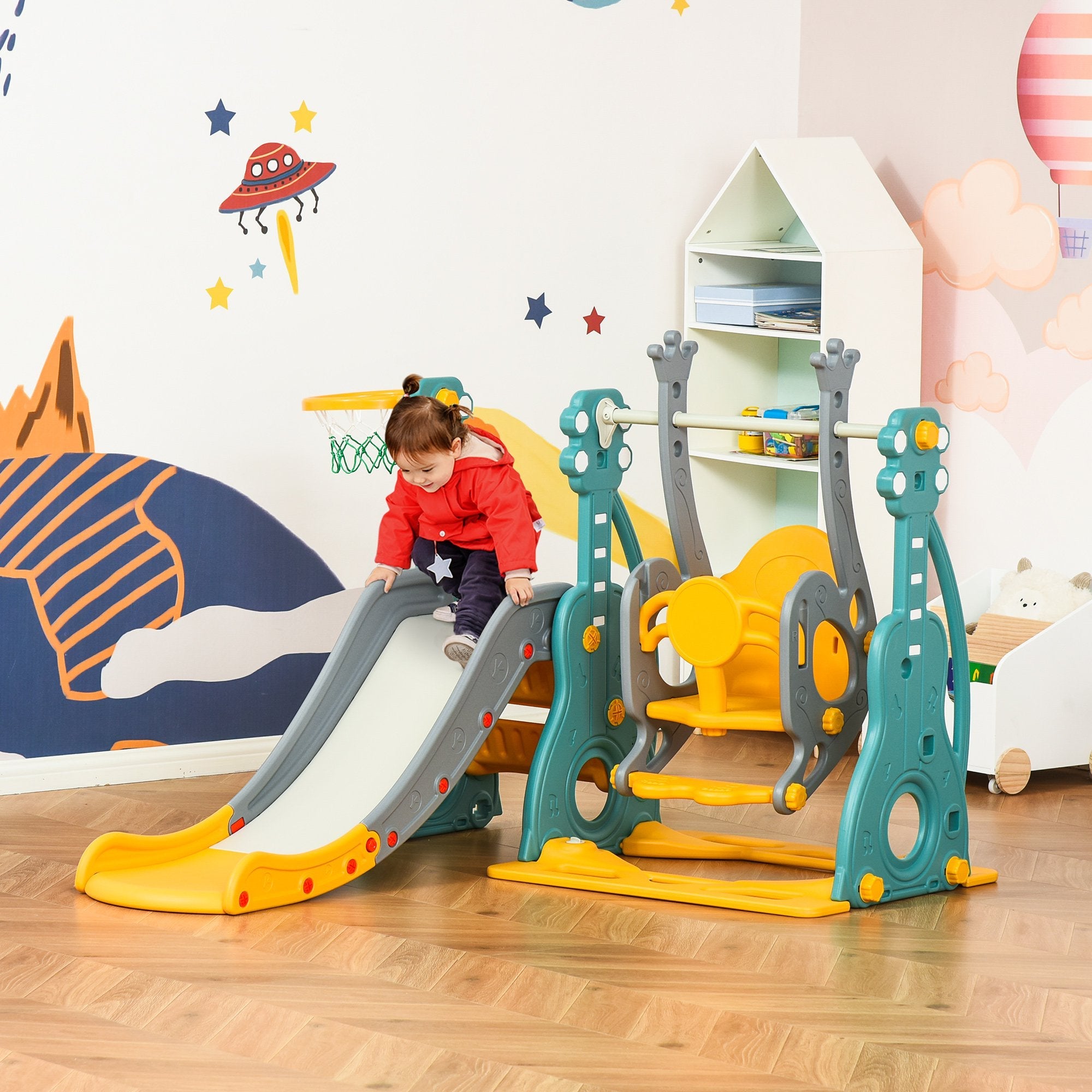 Easycomfort Scivolo 3 in 1 per Bambini 18 Mesi-3 Anni with Altalena Regolabile e Canestro in HDPE Multicolore 152x149x107cm