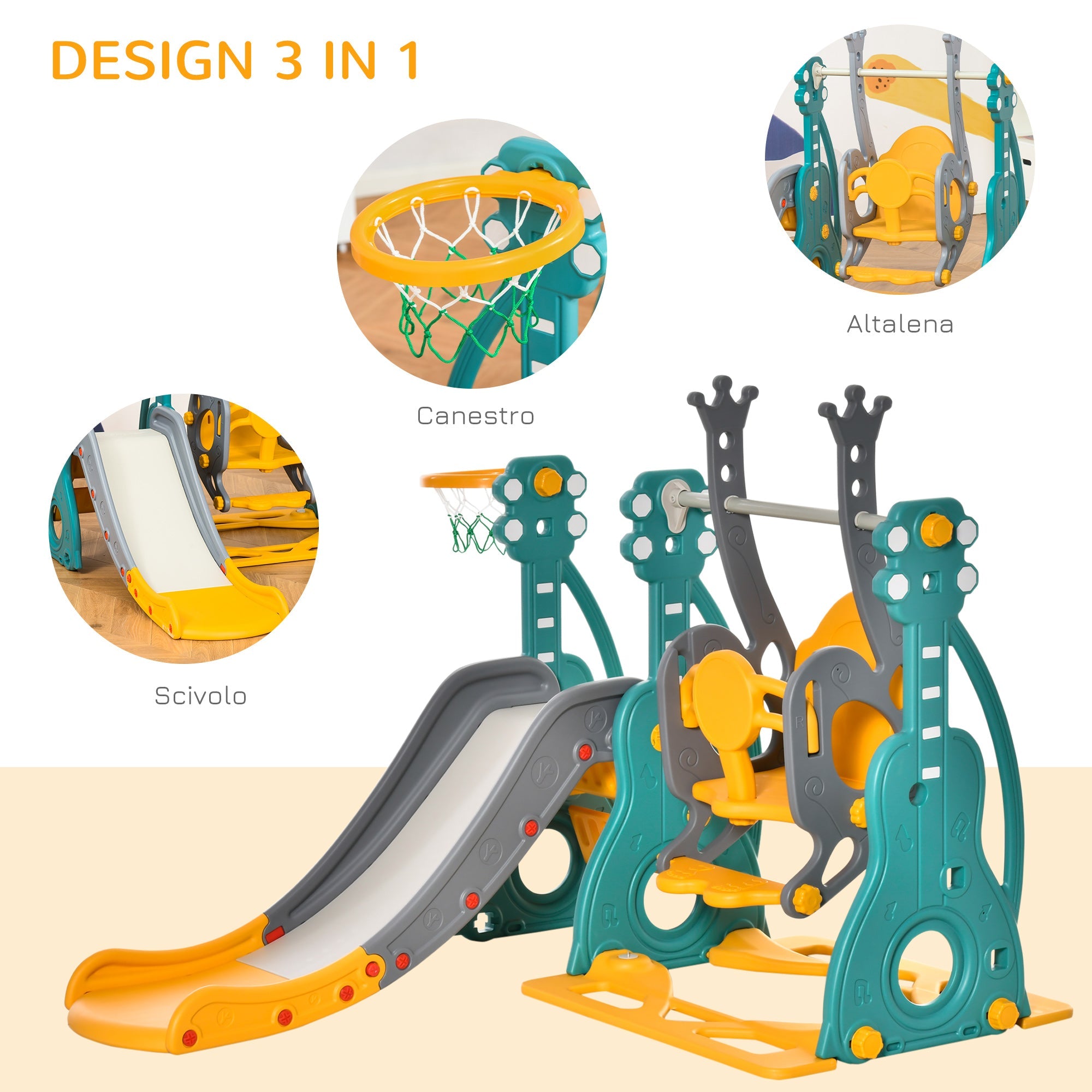 Easycomfort Scivolo 3 in 1 per Bambini 18 Mesi-3 Anni with Altalena Regolabile e Canestro in HDPE Multicolore 152x149x107cm