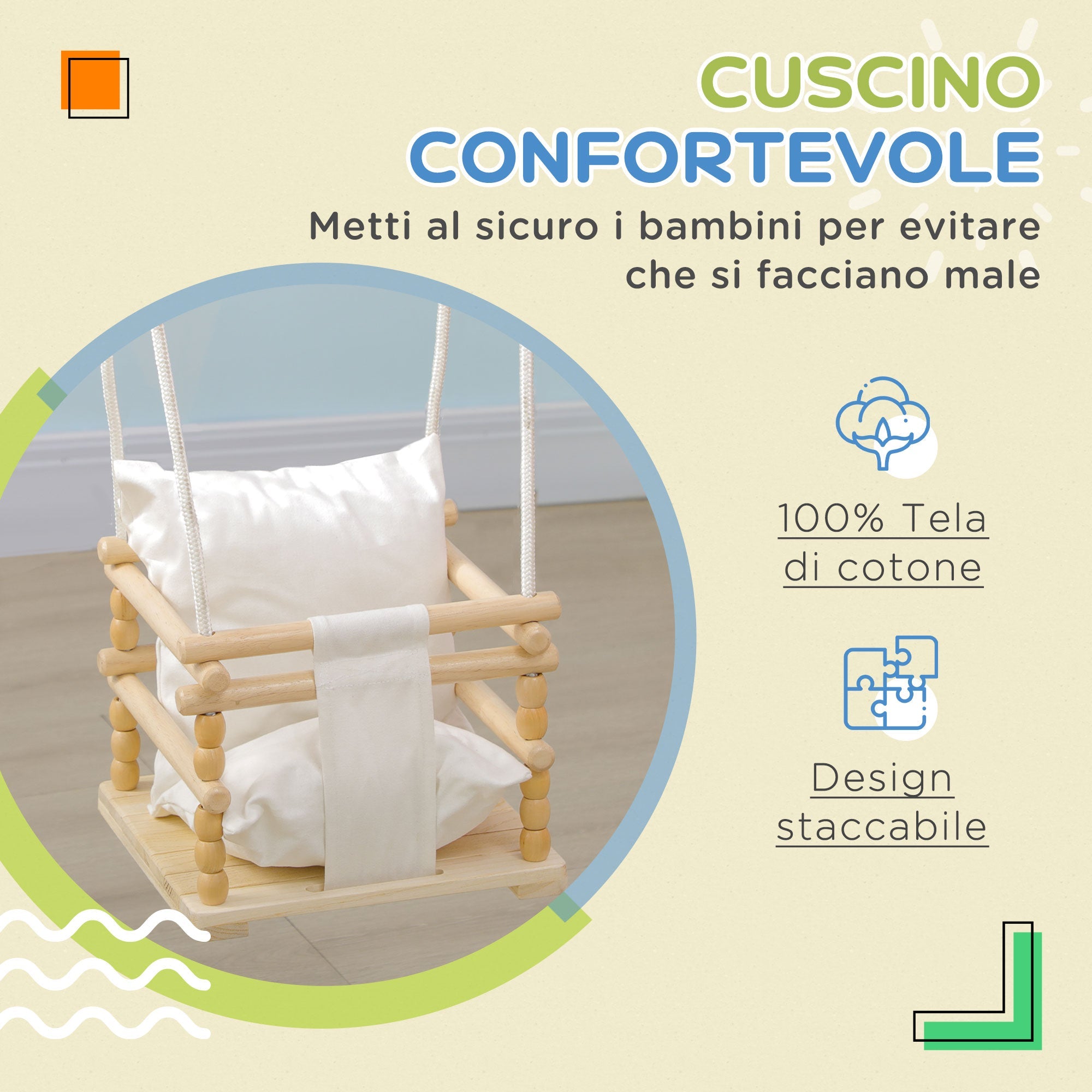 Easycomfort Altalena per Bambini 9-36 Mesi in Legno e Cotone with Corda Regolabile e Cuscino, 30x30x110-180 cm