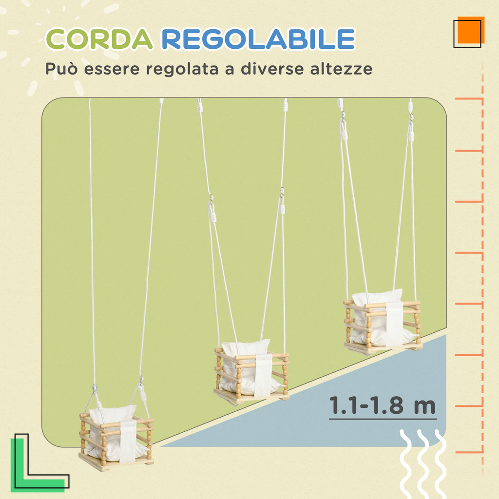 Easycomfort Altalena per Bambini 9-36 Mesi in Legno e Cotone with Corda Regolabile e Cuscino, 30x30x110-180 cm