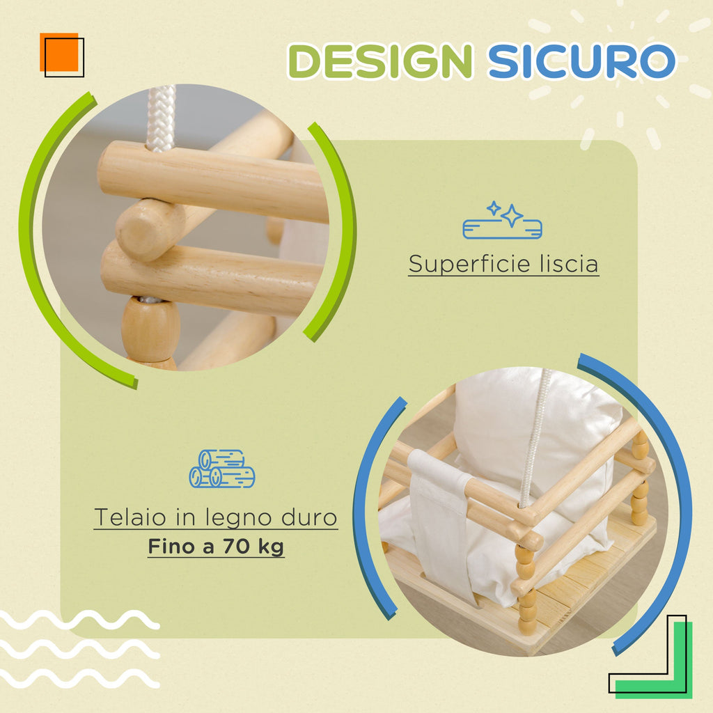 Easycomfort Altalena per Bambini 9-36 Mesi in Legno e Cotone with Corda Regolabile e Cuscino, 30x30x110-180 cm