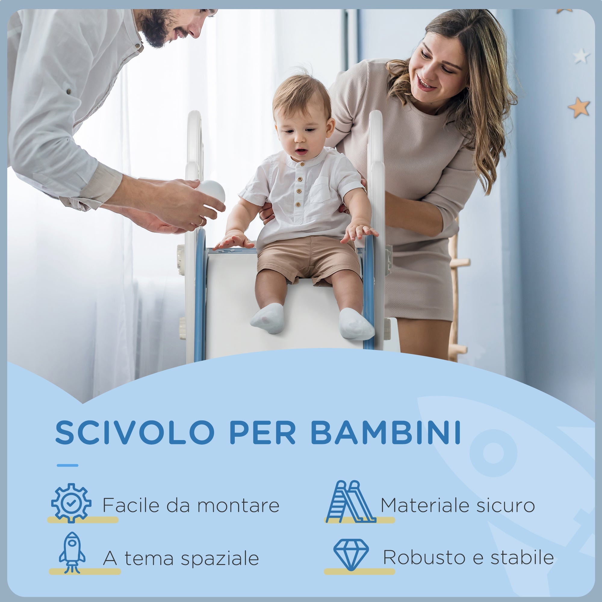 Easycomfort Scivolo per Bambini 18-36 Mesi in PE e PP a Tema Spaziale with Scale Antiscivolo, 157x46.5x80 cm