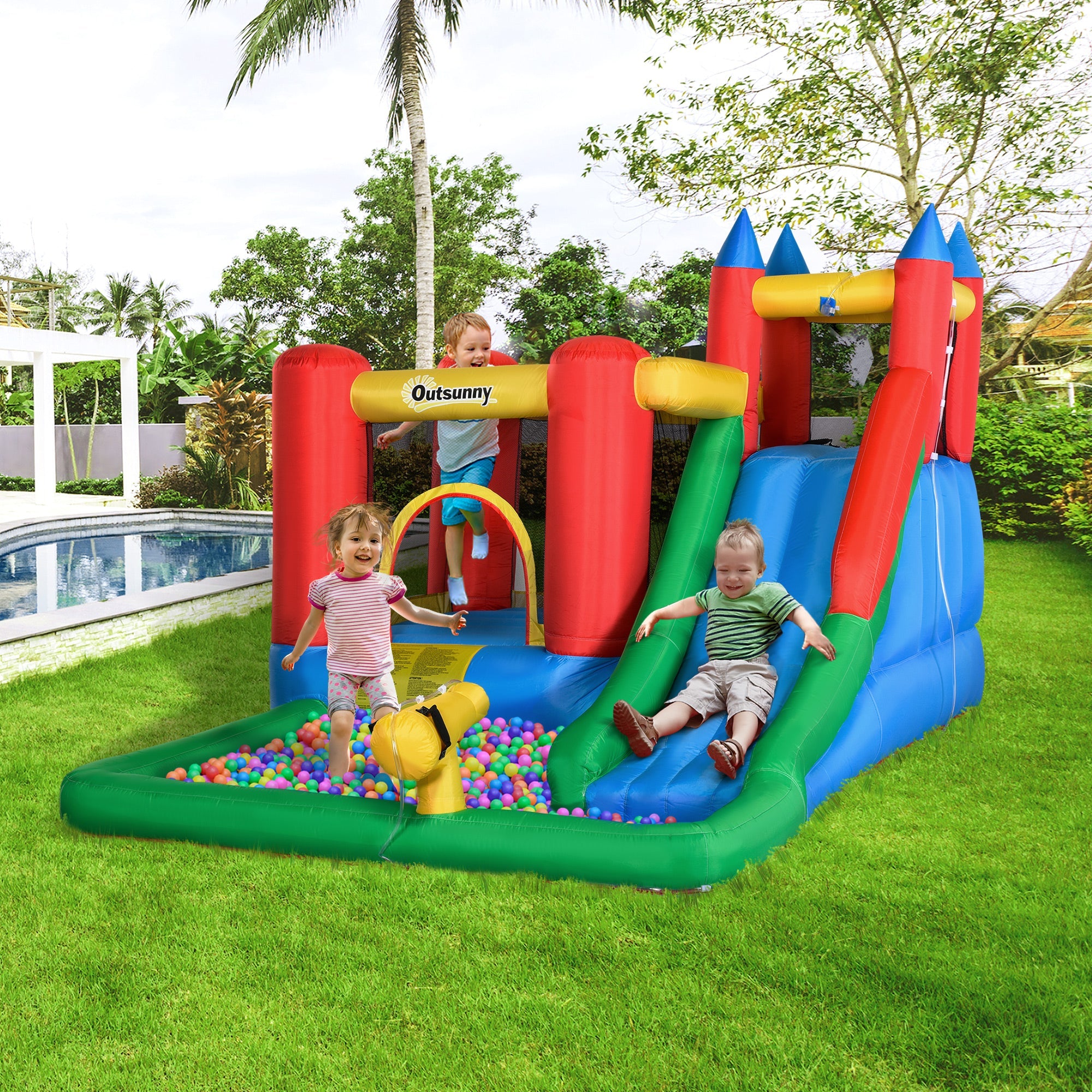 EASYCOMFORT Inflatable Game for Children 3-8 Years with Slide, Trampoline, Pool, max 4 Children, 330x245x215cm
