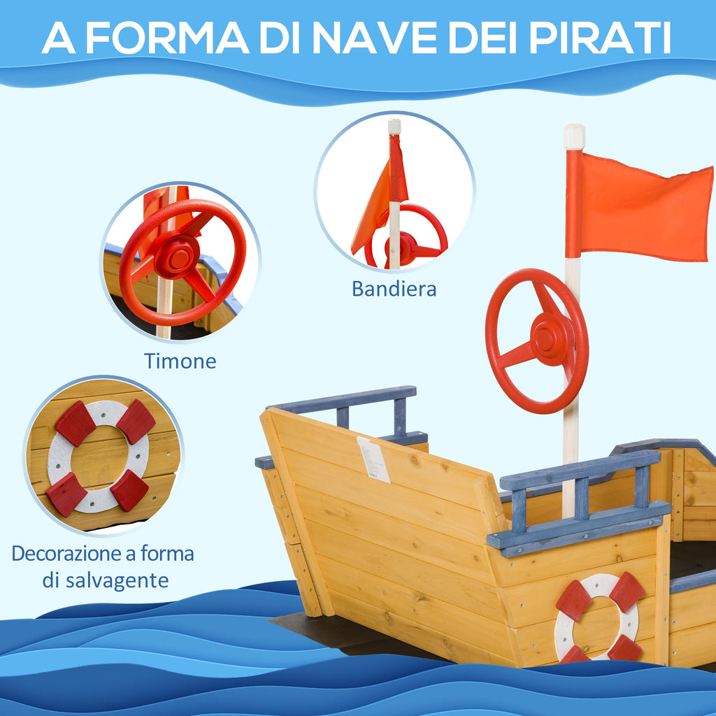 Easycomfort Sabbiera per Bambini in Legno a Forma di Nave dei Pirati with Vano Contenitore, 158x78x45.5 cm