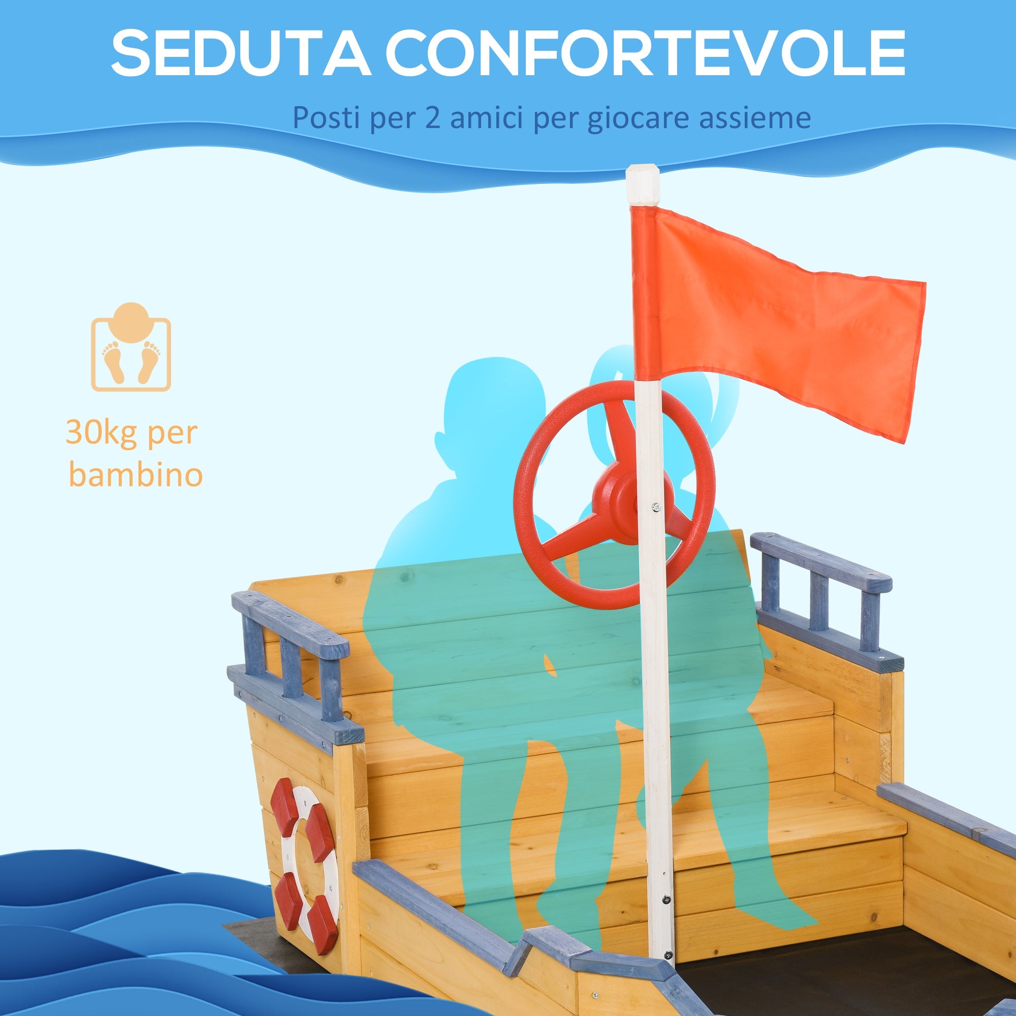 Easycomfort Sabbiera per Bambini in Legno a Forma di Nave dei Pirati with Vano Contenitore, 158x78x45.5 cm