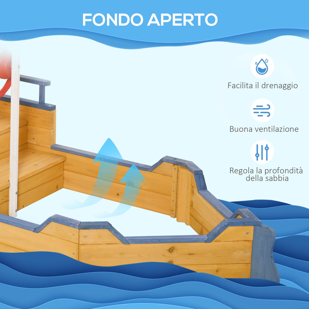 Easycomfort Sabbiera per Bambini in Legno a Forma di Nave dei Pirati with Vano Contenitore, 158x78x45.5 cm