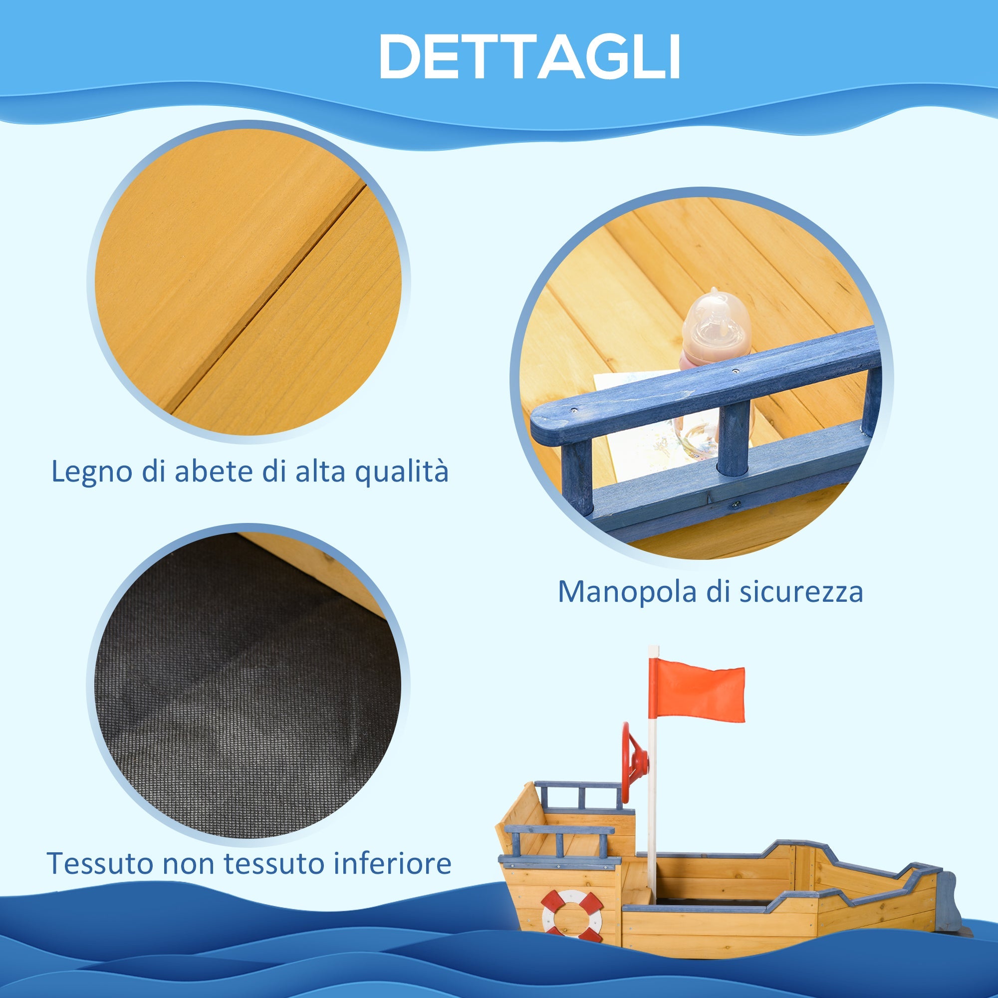 Easycomfort Sabbiera per Bambini in Legno a Forma di Nave dei Pirati with Vano Contenitore, 158x78x45.5 cm