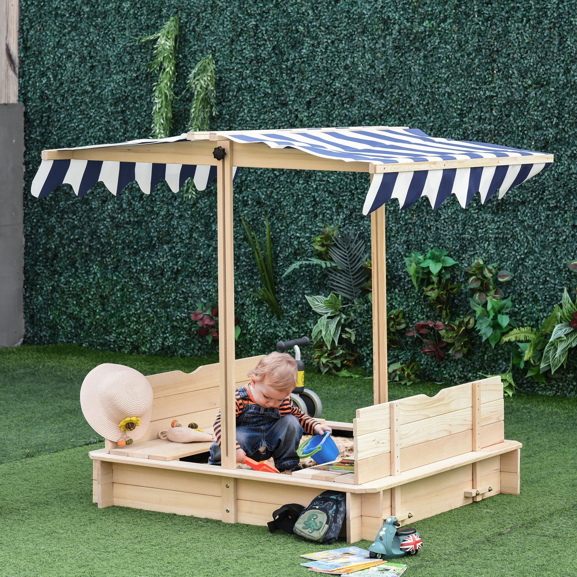 Easycomfort Sabbiera per Bambini in Legno with Tettuccio Parasole, Panca e Coperchio, 106x106x121cm white e Blu