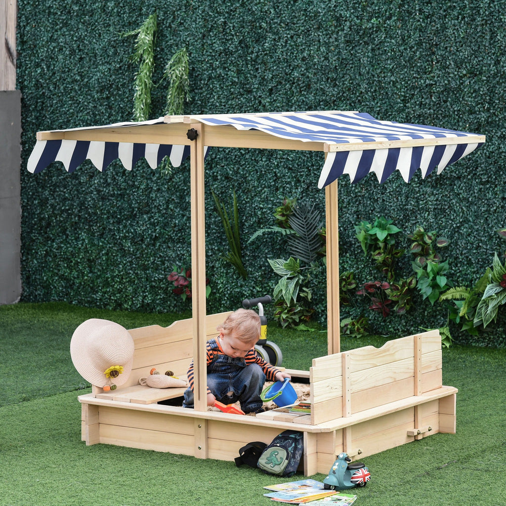 Easycomfort Sabbiera per Bambini in Legno with Tettuccio Parasole, Panca e Coperchio, 106x106x121cm white e Blu