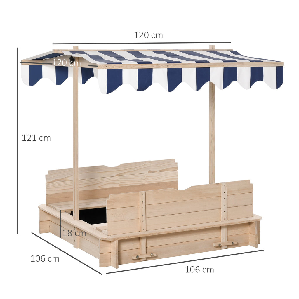 Easycomfort Sabbiera per Bambini in Legno with Tettuccio Parasole, Panca e Coperchio, 106x106x121cm white e Blu