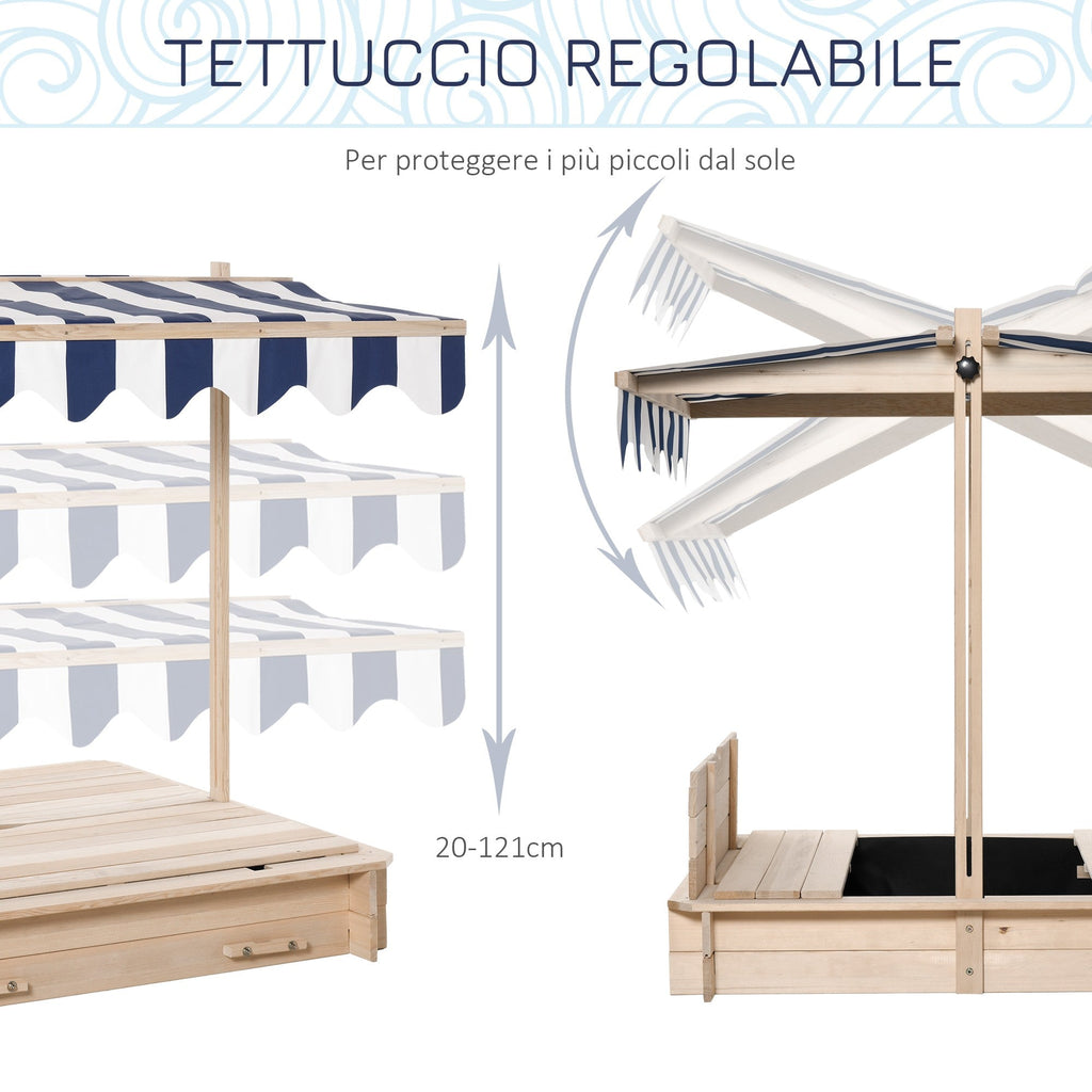 Easycomfort Sabbiera per Bambini in Legno with Tettuccio Parasole, Panca e Coperchio, 106x106x121cm white e Blu